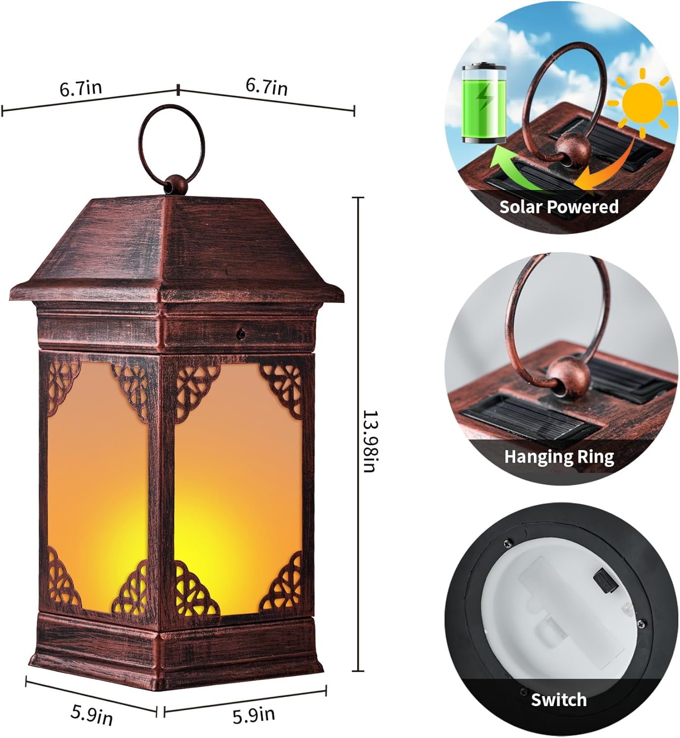 14" Solar Lanterns Outdoor Waterproof, Glass Flickering Flame Solar Lantern, Hanging Metal Lantern Decorative for Patio Front Porch Garden Backyard Tabletop Party Decoration