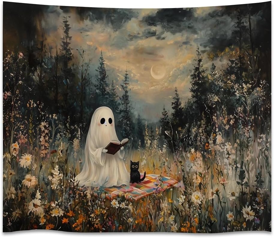Halloween Ghost and Black Cat Tapestry Wall Hanging Spooky Ghos Reading Book in Wildflowers Wall Decor Halloween Witchy Room Aesthetic Tapestries for Goth Living Room Bedroom Decoration 50x60inch