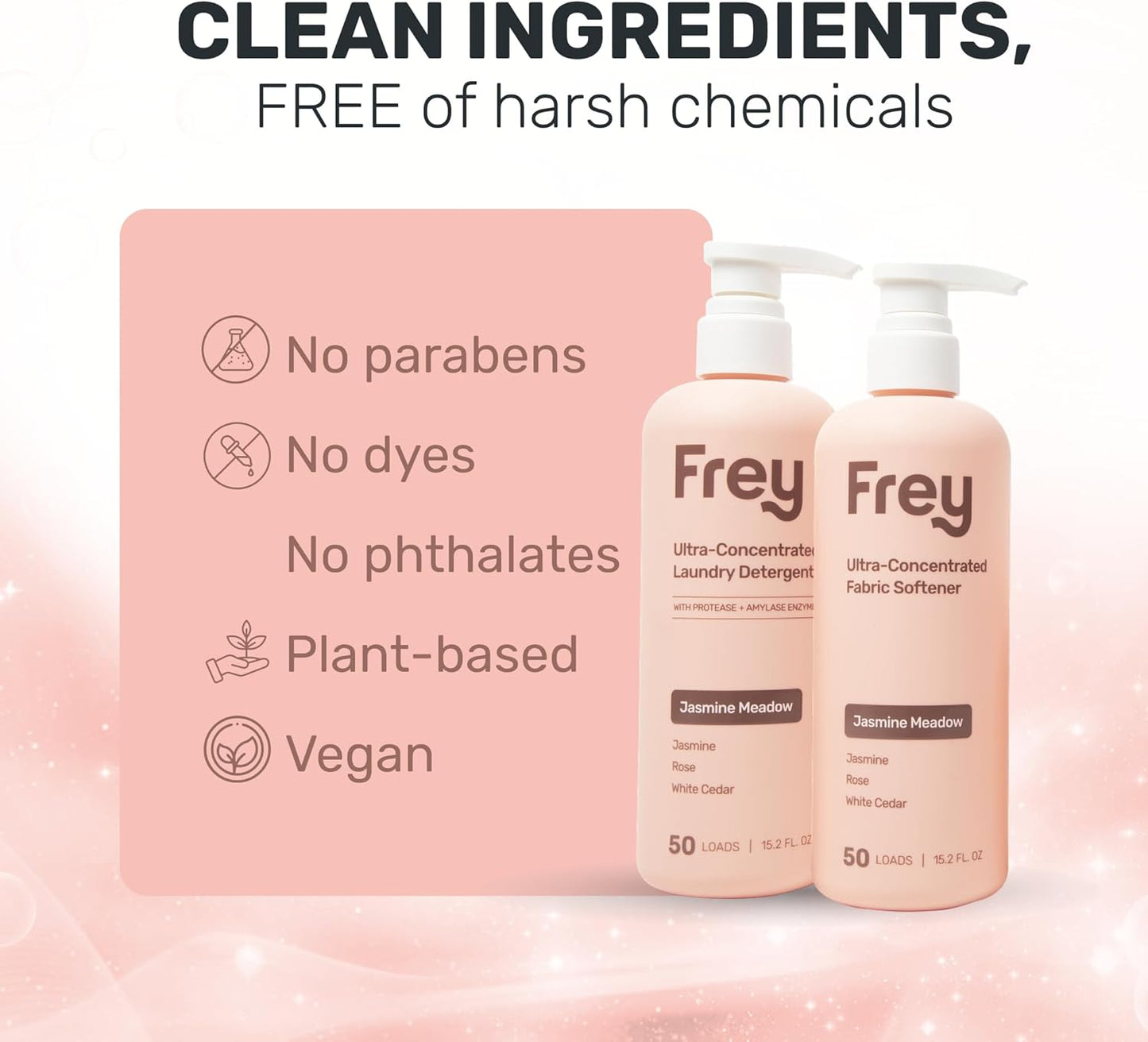 FREY Concentrated Liquid Laundry Detergent | Formulated for Sensitive Skin & HE Washers | Removes Stains Effectively | 50 Loads per Bottle (2-pack Jasmine Meadow)