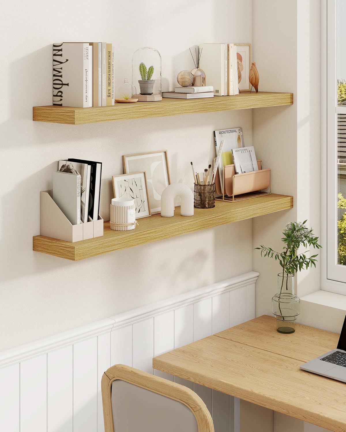 Marsmiles 72" Floating Shelves for Wall, Wooden Shelves with Invisible Brackets Set of 2, Rustic Farmhouse Wall Mounted Shelf for Kitchen Bathroom Living Room Study, Natural Oak