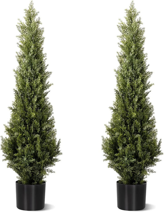 4 FT Artificial Cedar Topiary Trees 2 Set, Realistic Fake Cypress Tree Tall Faux Pine Shrubs Plants Artificial Cypress Trees for Home Offices Porch Decor (4 FT)