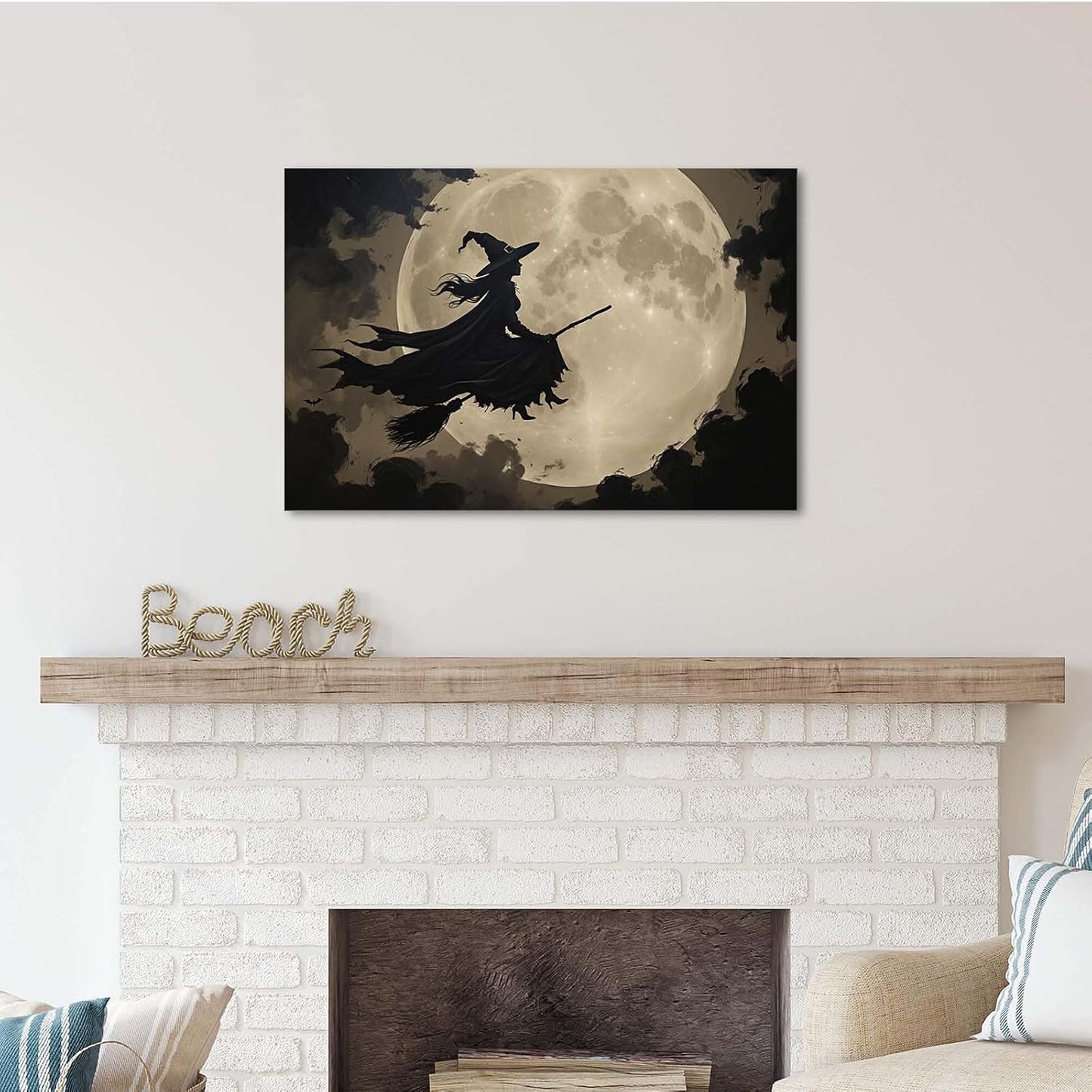 Full moon witch silhouette poster witch on magic broom Halloween mural poster decorative mural art suitable for home living room bedroom20x30in Wood Framed