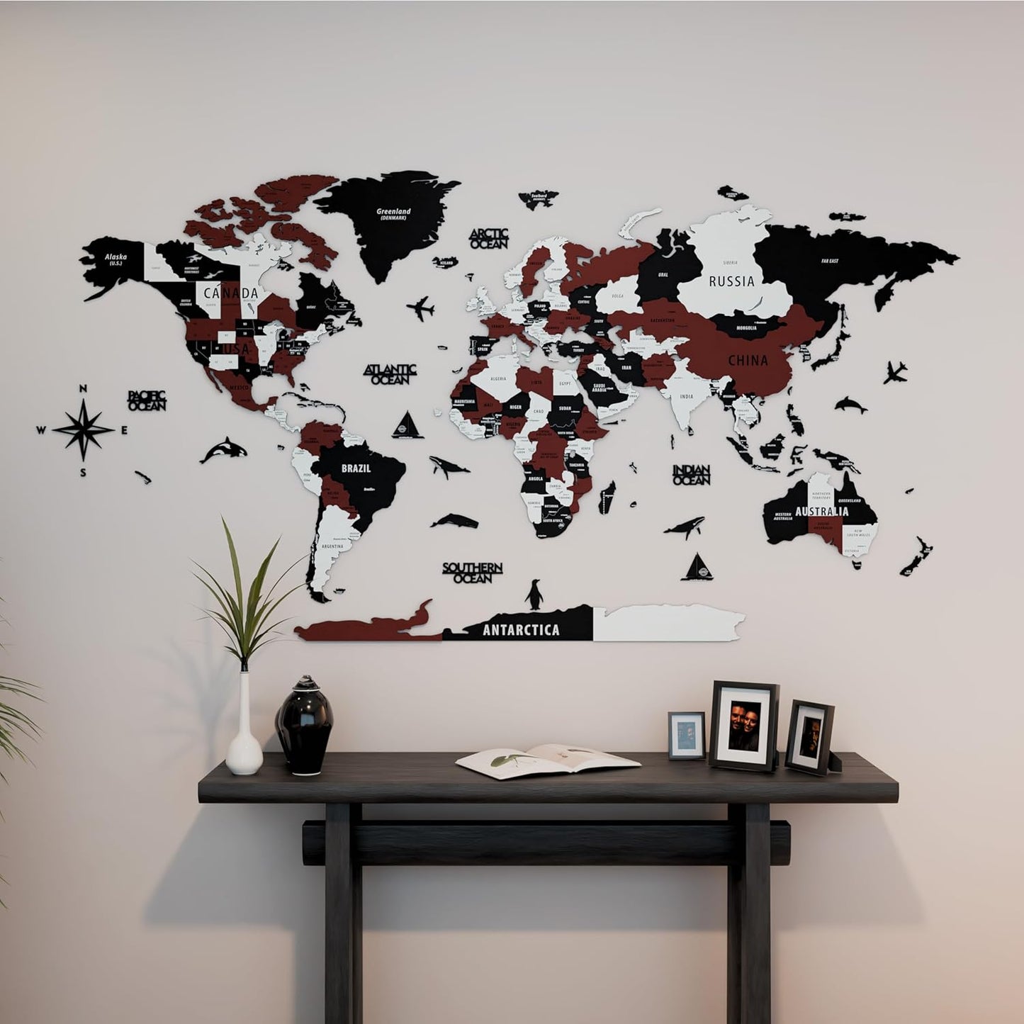 Colorfull Worlds 3D Wooden World Map Wall Art | Unique Wall Decor with Pins for Travel Enthusiasts | Home and Office Wall Décor | Burgundy | XXLarge