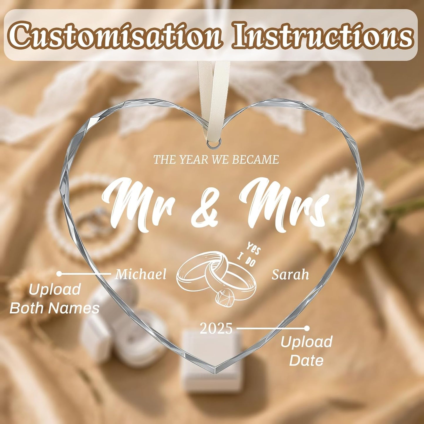 First Christmas Married Ornament 2025, Custom Wedding Crystal Glass Ornament with Photo, Name or Date, Personalized Wedding or Bridal Shower Gifts for Newlyweds