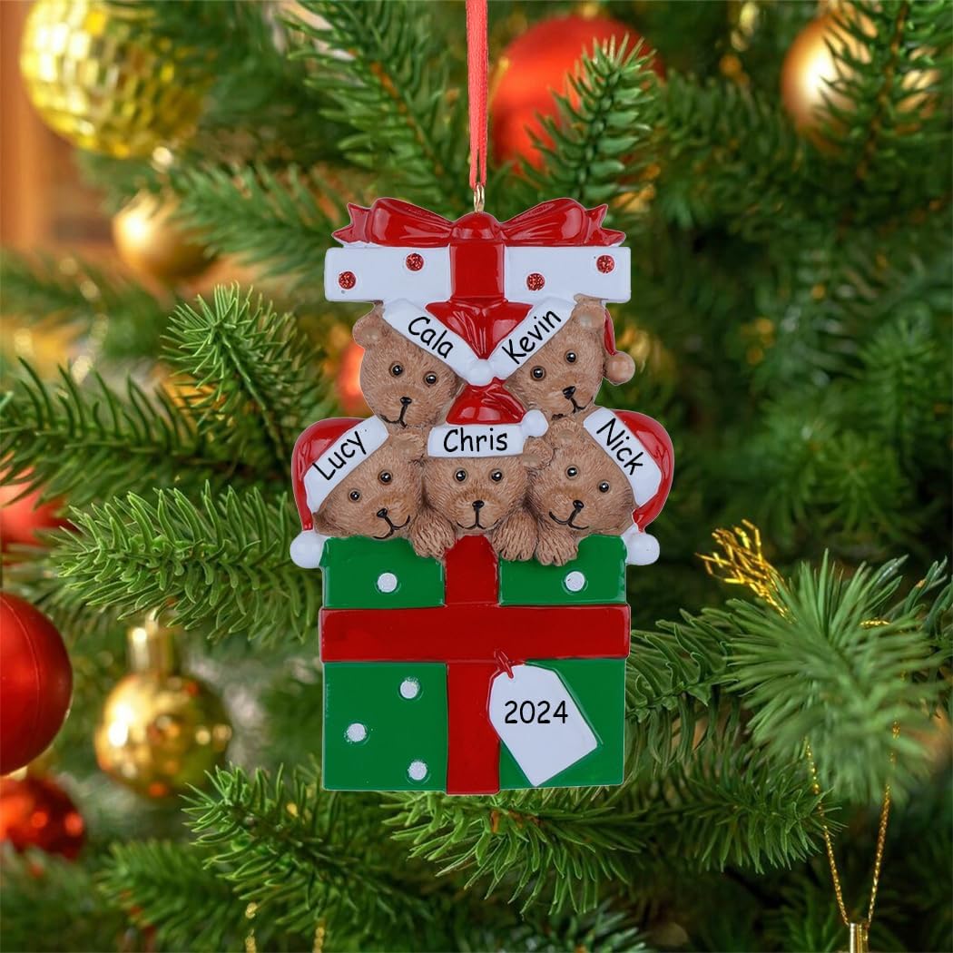 Personalized Family Ornament 2024, Bear Family of 5 Christmas Tree Ornament, Customized Teddy Bear Ornaments for Christmas Tree Decor, Unique Bear Gifts for Mom, Dad, Grandkids, Grandma, Grandpa