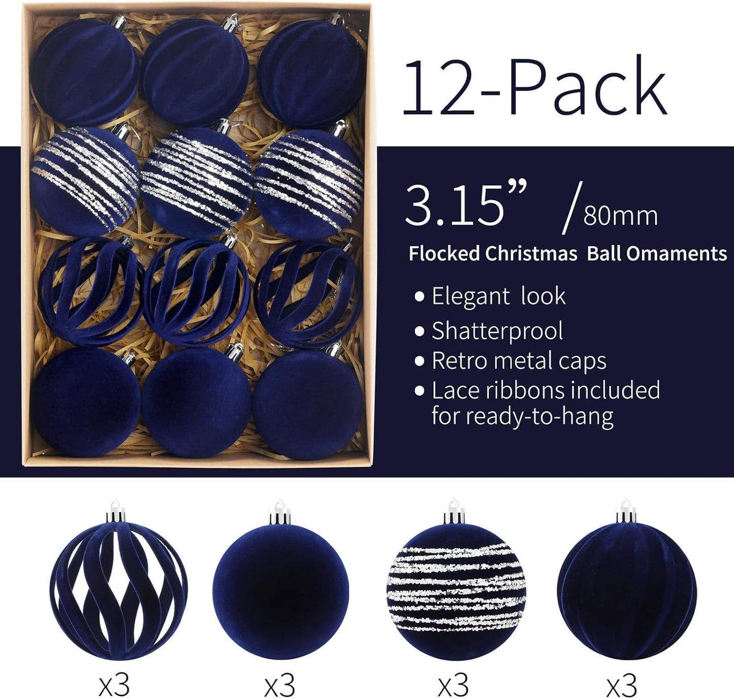 Christmas Ornaments Set of 12, 3.15" Flocked Velvet Balls with Hand Painted Designs, Navy Blue Elegant Christmas Tree Decorations in Gift Box