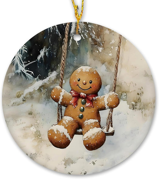 Vintage Christmas Gingerbread Ceramic Ornament Gifts, Rustic Winter Gingerbread Swing Decorative Hanging Ornaments for Xmas Tree Holiday Party Decoration, Winter Xmas Tree Decorations