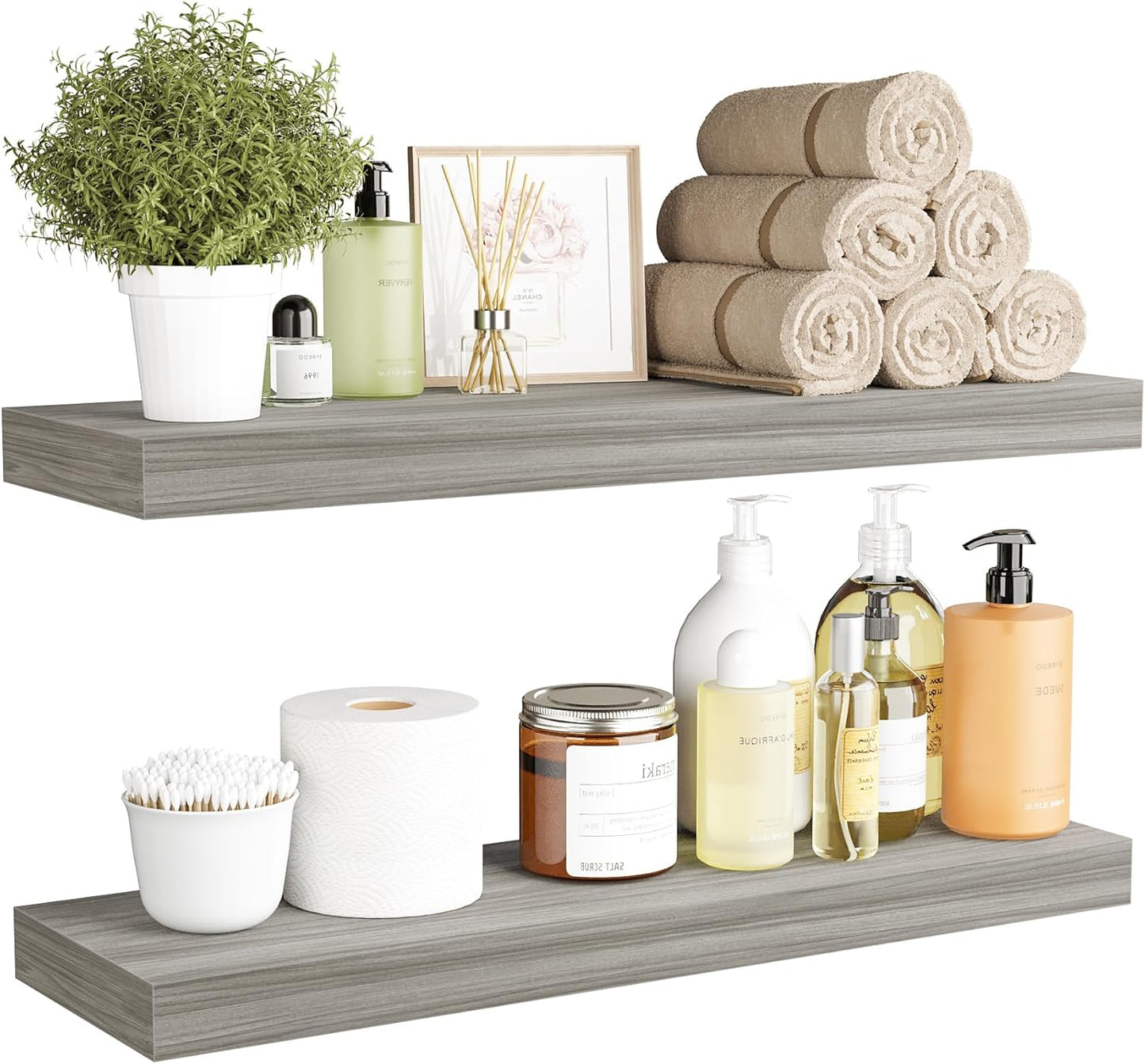 BAMEOS Floating Shelf,Wall Shelf,Decor Wall Mounted Shelves,Hanging Shelf Set L24xW6 for Bathroom Kitchen Living,Kitchen,Room Bedroom Storage,Walnut