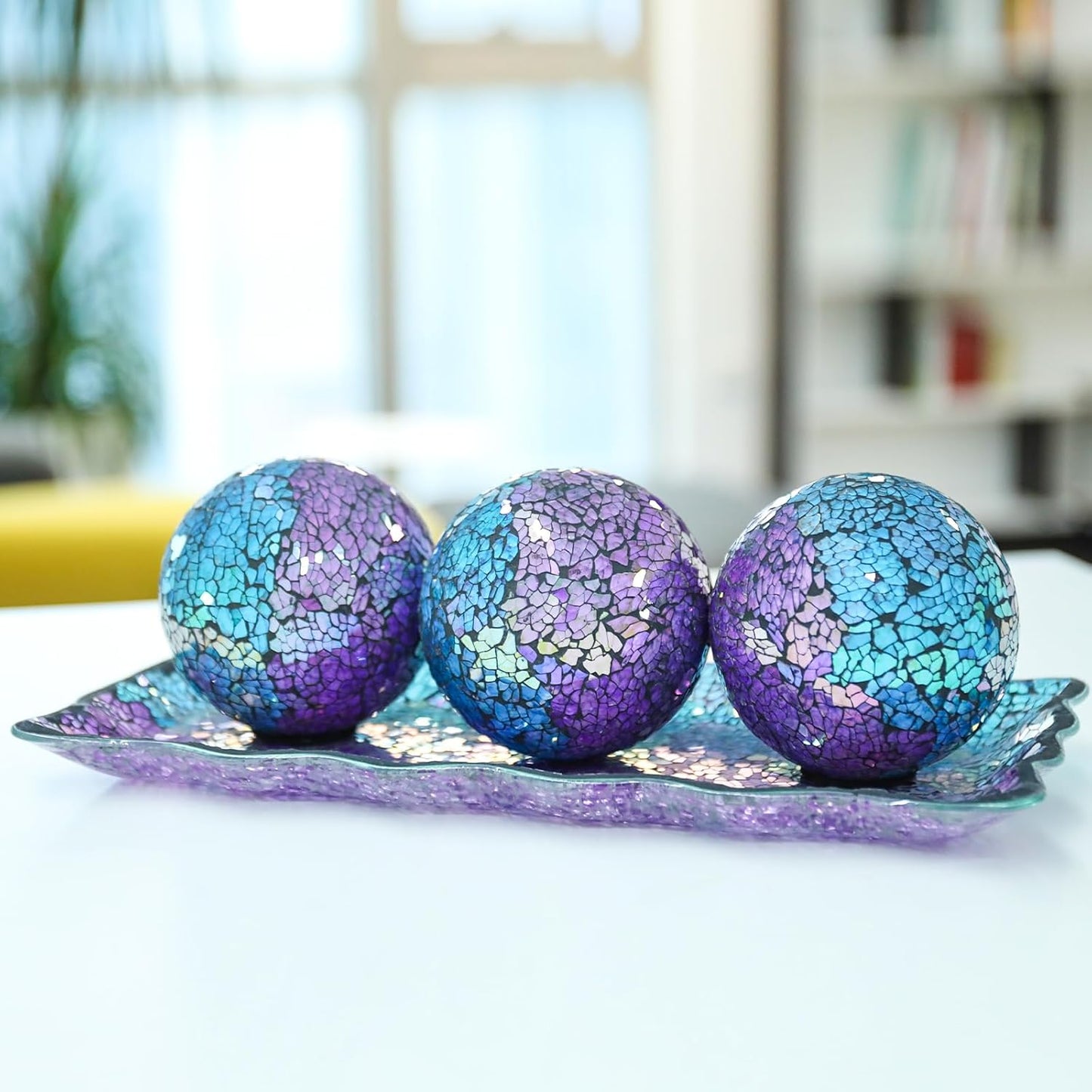 VCUTEKA Decorative Balls and Glass Bowl, 4 Inch Mosaic Sphere Balls Centerpiece Balls for Coffee Table, Home Decor, Wedding Party Decor, Purple