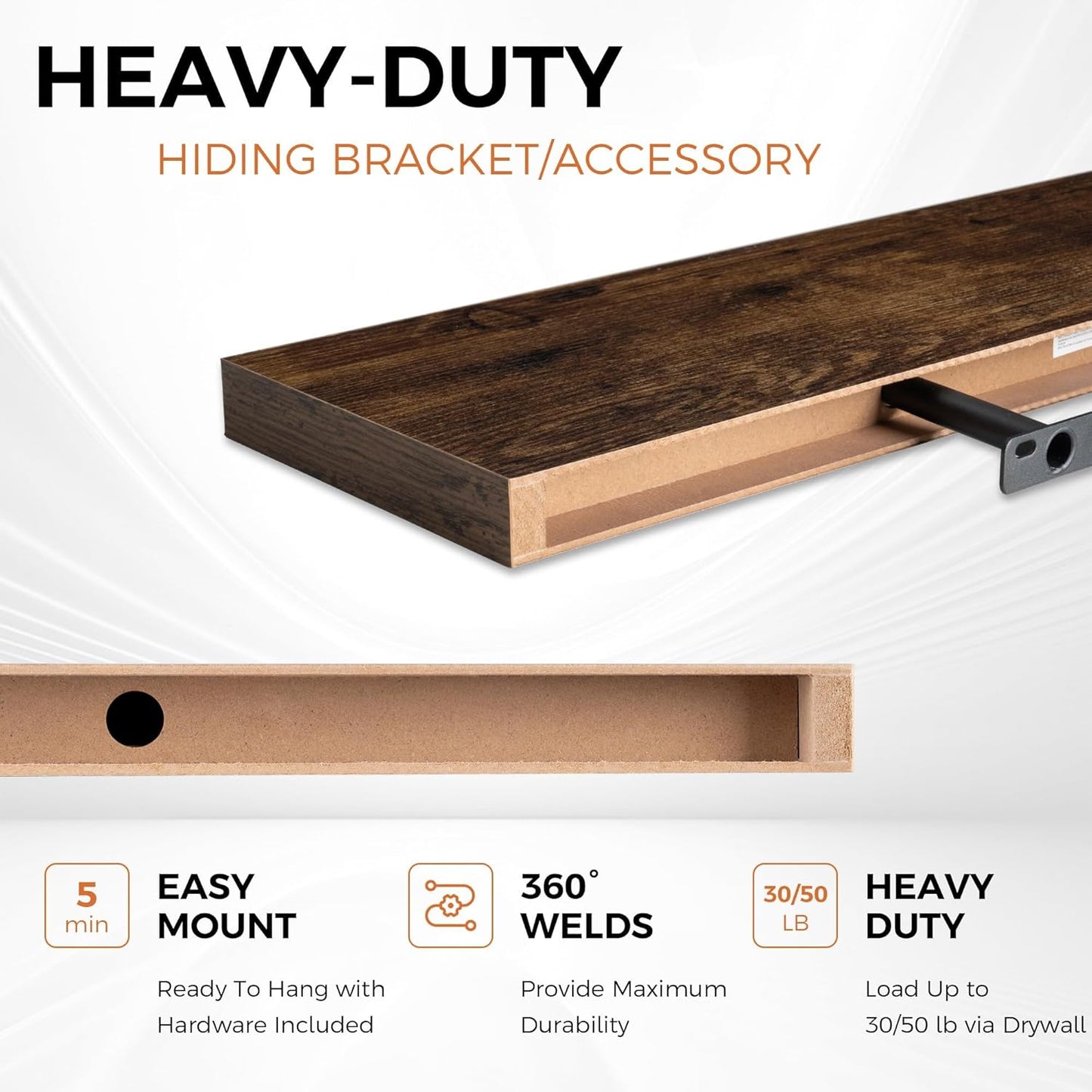 Fun Memories Floating Shelves for Wall, 27.5" Rustic Wood Deep Wall Mounted Shelves with Invisible Brackets for Decor & Storage, Floating Shelf for Living Room, Bathroom (Rustic Brown, Set of 2)