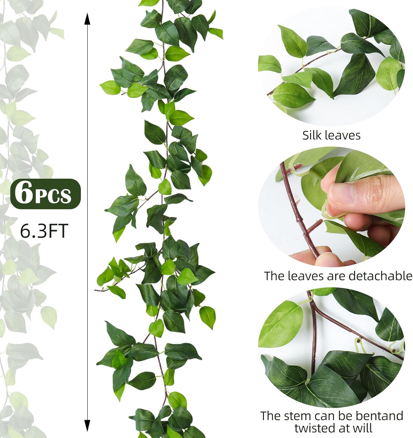 RECUTMS Artificial Vines Ivy Garland 6 Strands Fake Vine with Silk Green Leaves Hanging Plants Greenery Artificial Garland for Home Wall Bedroom Party Wedding Arch Apartment Room Decor