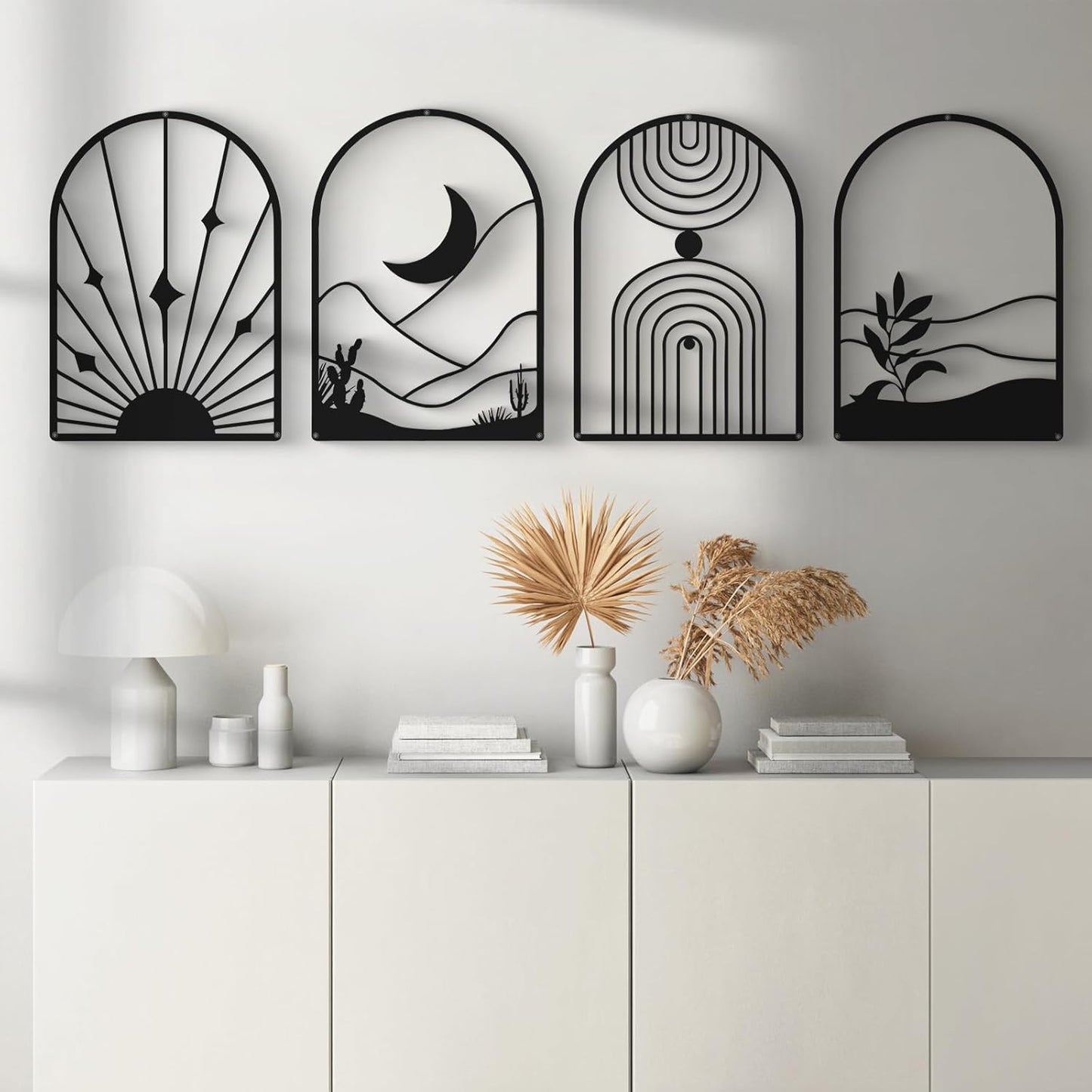 Glamativity 4 Pack Black Abstract Metal Wall Art, Minimalist Décor Single Line Art Wall Décor, 3D Textured Metal Wall Sculptures, for Living Room Bedroom Bathroom Study Room (Black Boho, L Size 22.5 x 15.7'')