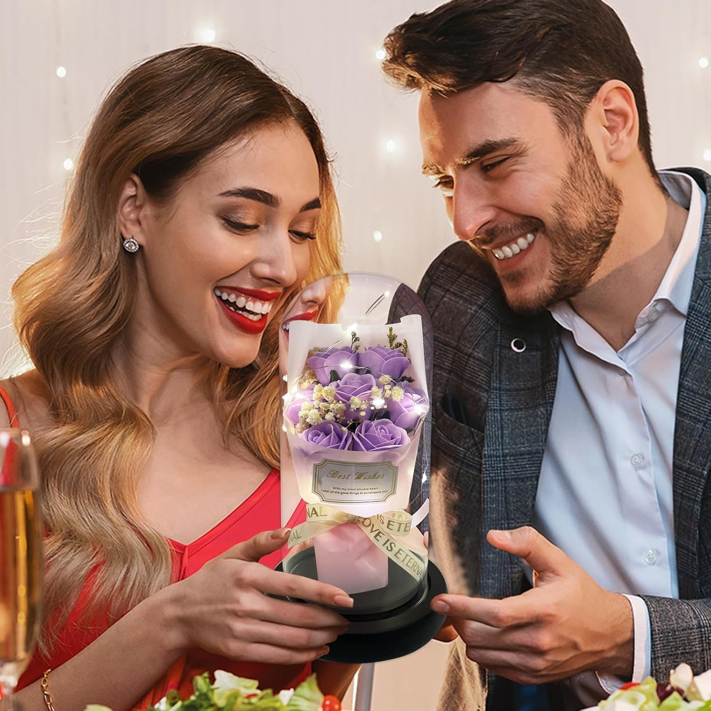 Gift for Her Forever Flower Bouquet for Delivery Prime Preserved Purple Roses Glass Dome LED Light 100 Languages I LOVE YOU Necklace Mothers Day Birthday Romantic Valentines Gift for Wife Women Mom