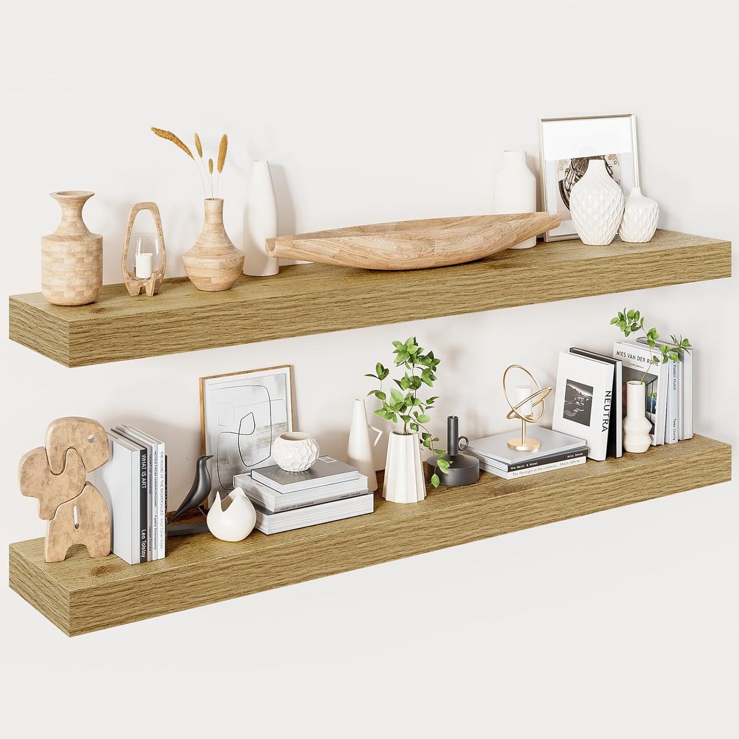 Heimlove Floating Shelves for Wall 48 Inches Long,9.3" Deep Oak Floating Shelf Set of 2,Wall Mounted Wood Shelves for Bathroom Bedroom Living Room Kitchen Office,Shelf for Books Storage Room Decor