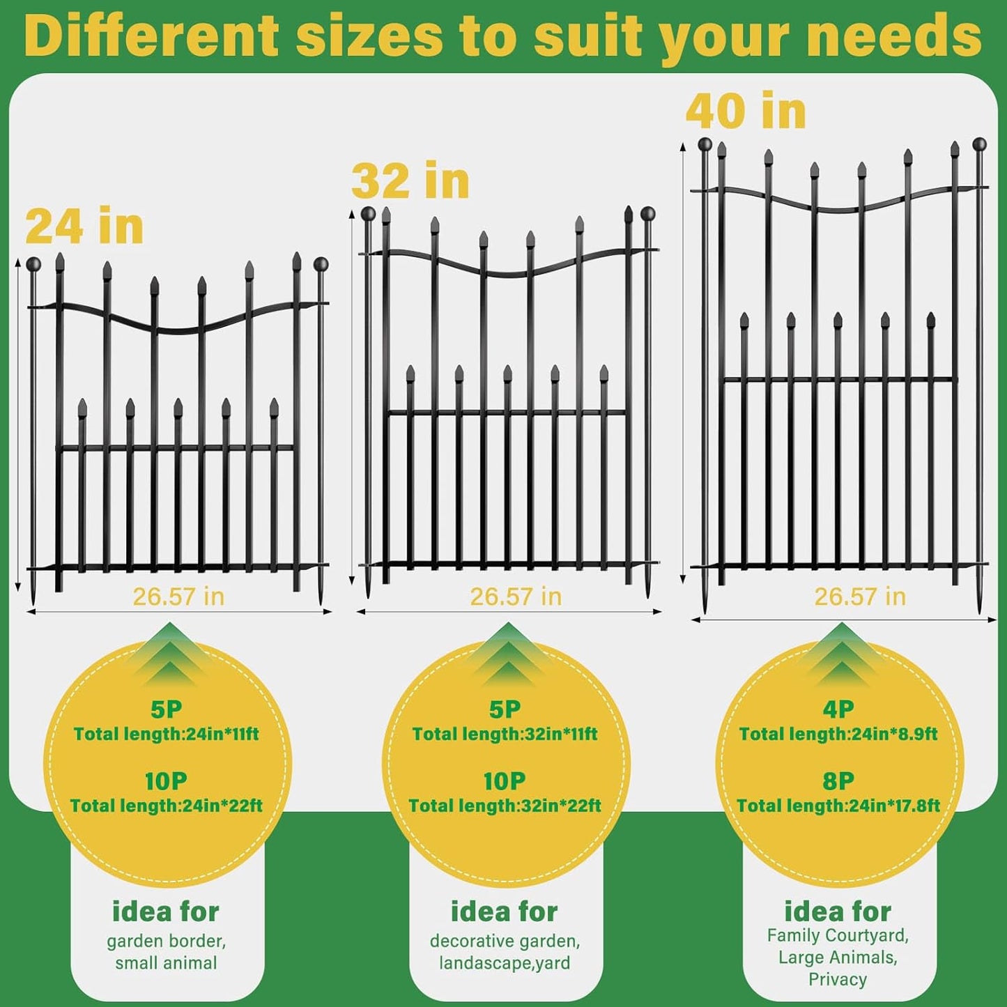 10 Panels No Dig Decorative Garden Fence, 24in(H)×22ft(L) Heavy-Duty Rustproof Metal Panels, Outdoor Dog Barrier for Yard & Patio, Landscape, Border| Portable Temporary Fencing