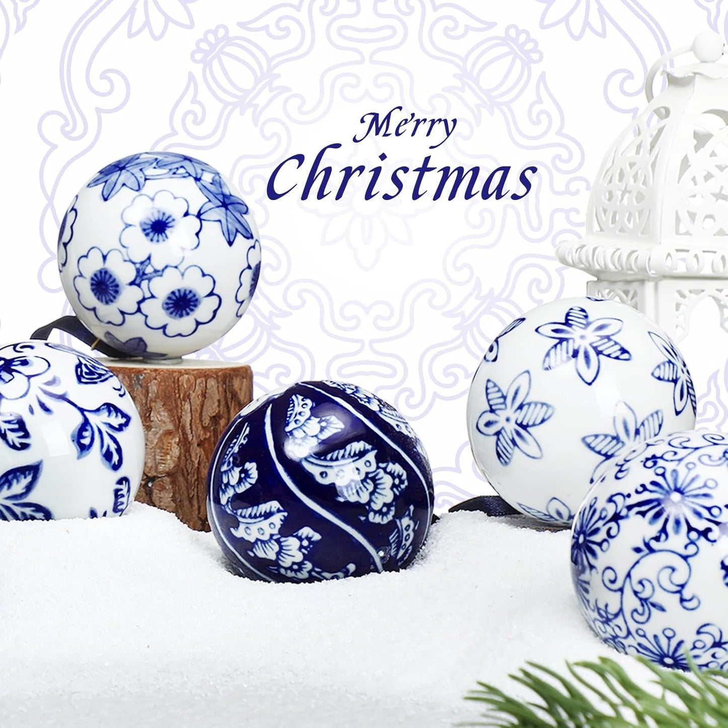 Cindeer 6 Pcs Blue and White Christmas Porcelain Balls 2.4 Inch Porcelain Chinoiserie Ornament Bulk Christmas Ceramic Hanging Decorative for Tree Home Xmas Party (Stylish Style)