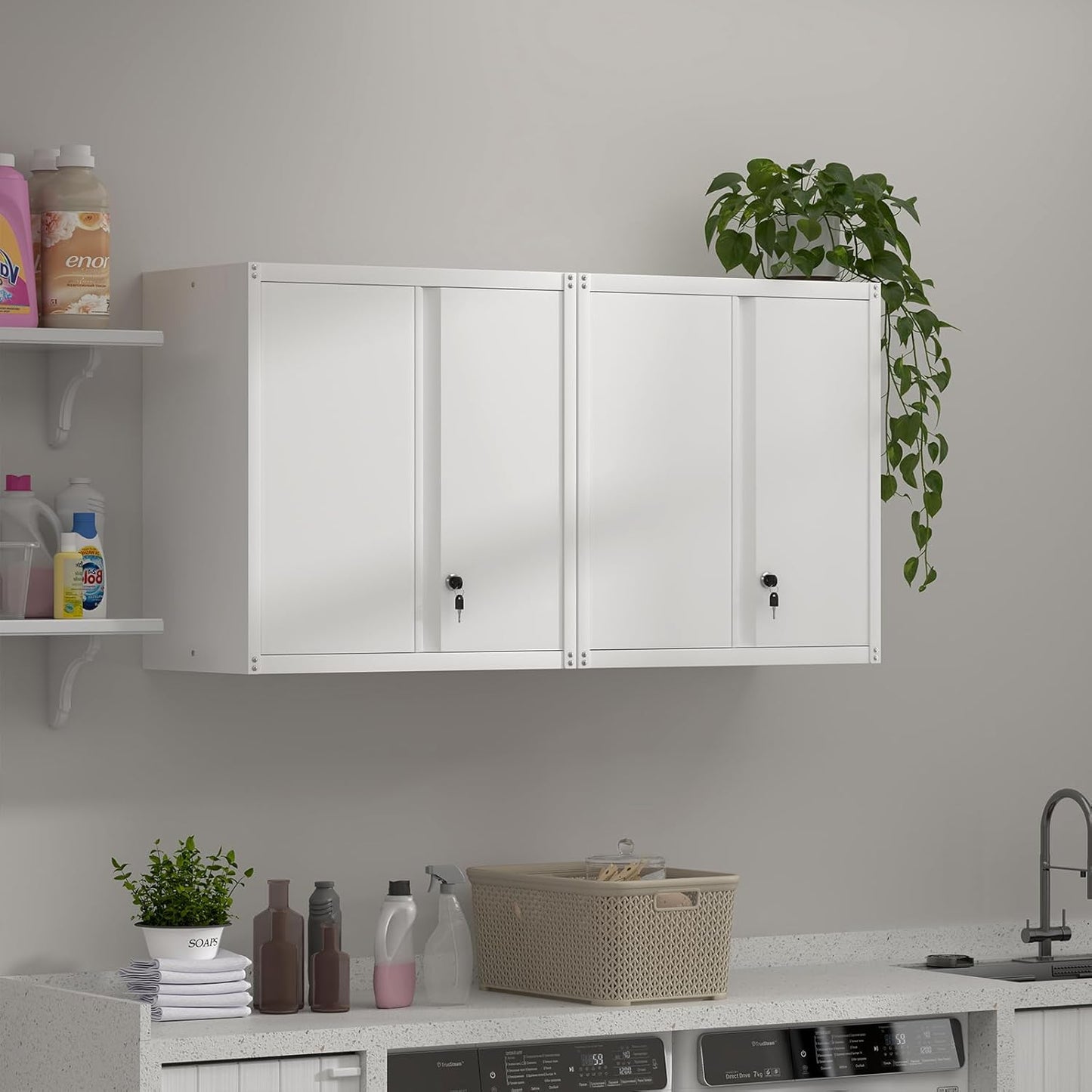 Wall Cabinet,Metal Storage Cabinet with 2 Doors,Locking Wall Cabinets for Office,Home,White