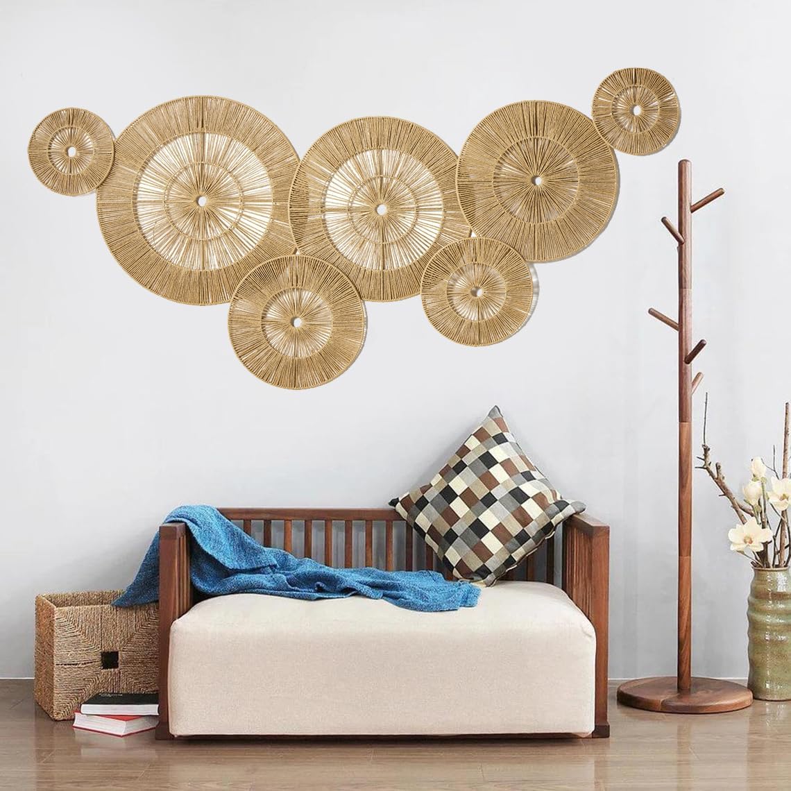 Mokof 7 Pack Boho Wall Decor Round Baskets Set (Small 7" to Largest 17") - Handwoven Large Wall Hanging Art for Bedroom, Living Room, Home Office