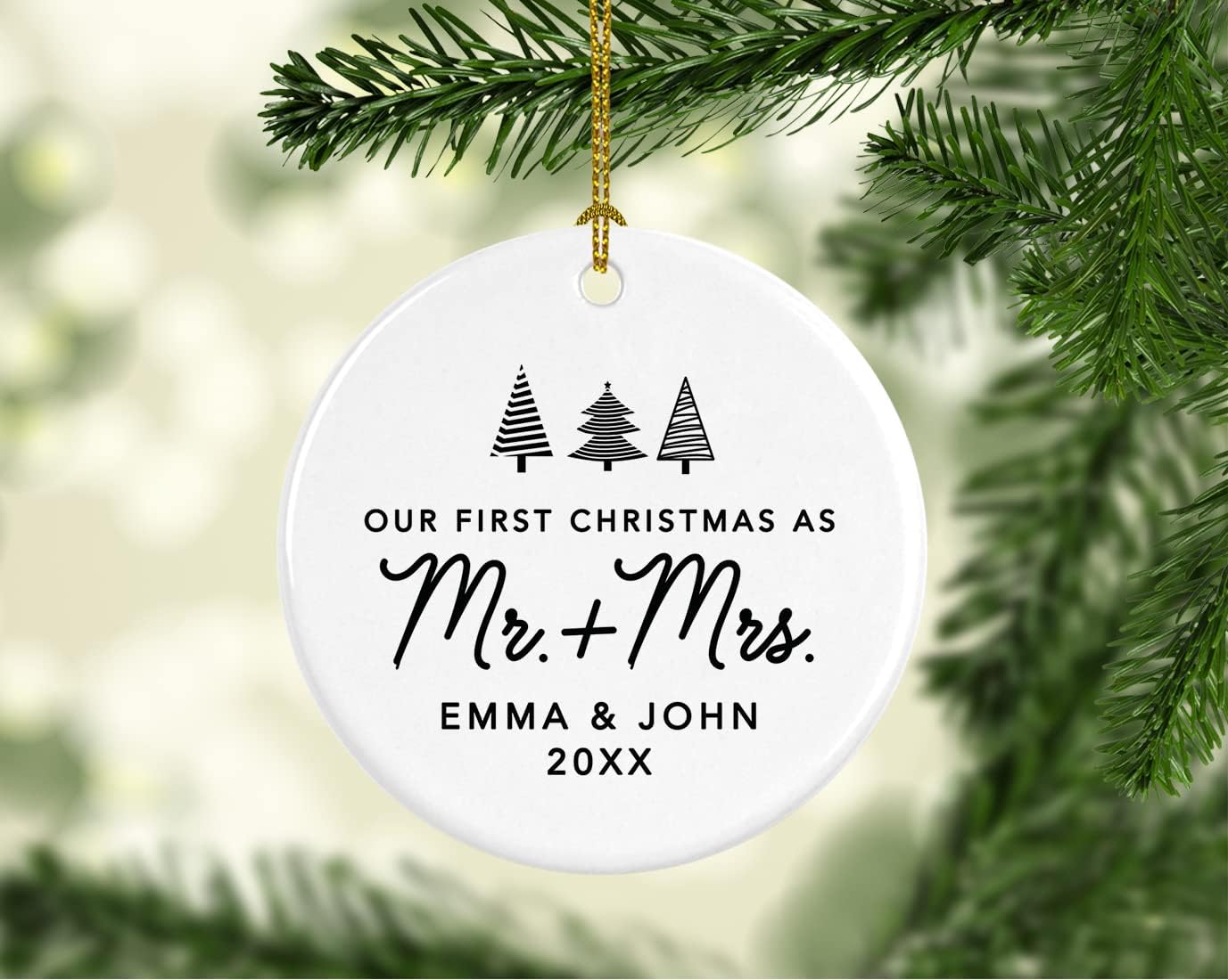 Andaz Press Personalized Our First Christmas As Mr. & Mrs. 2024 Christmas Ornaments Christmas Trees Design 2.8" Round Porcelain Ceramic 1st Year Married Custom Ornament Keepsake for Newlyweds 1-Pack