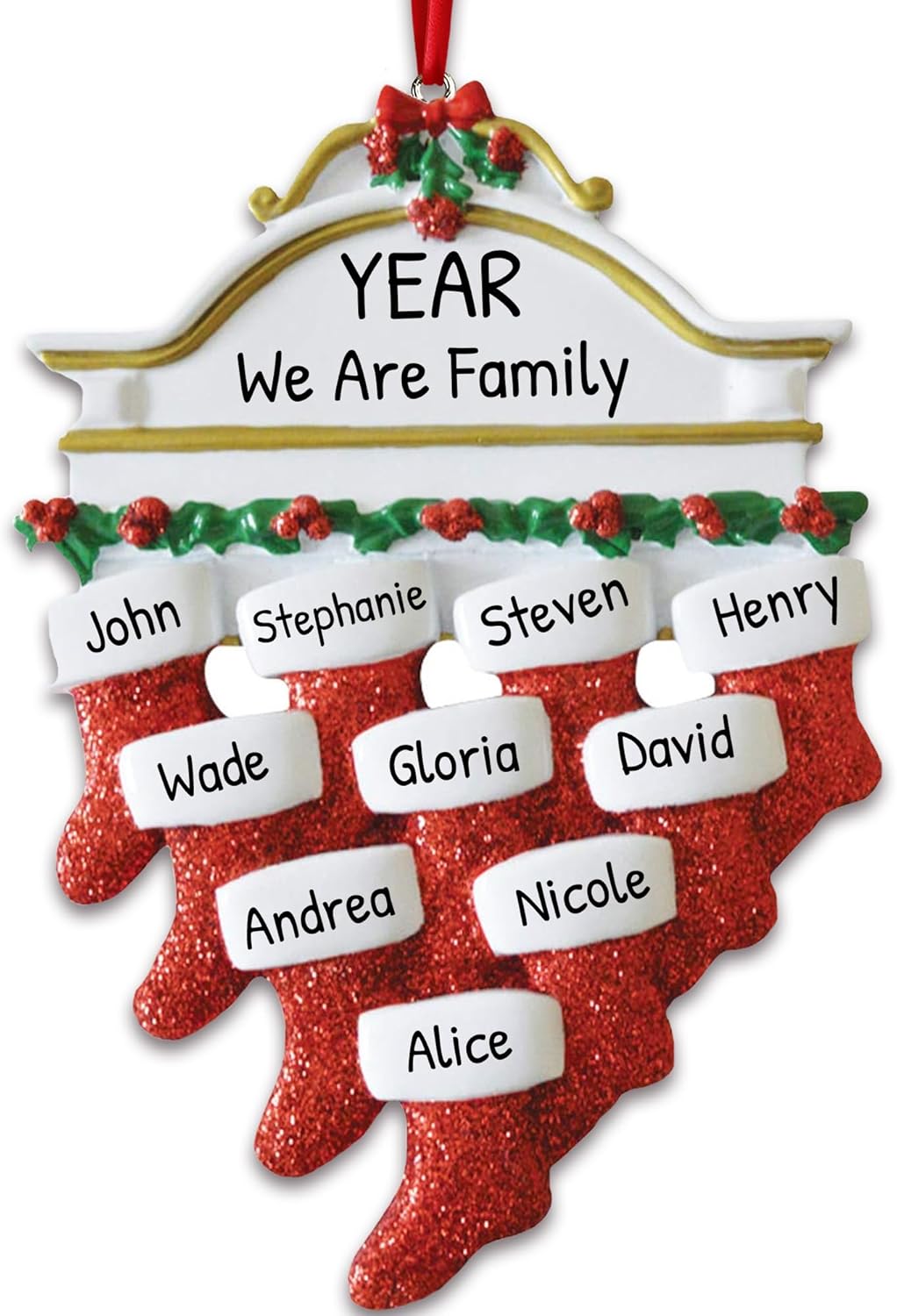 3D Fireplace Mantle Family of 10 Christmas Ornament 2025 Personalized Family Christmas Ornaments 2025 | Holiday Garland Personalized Tree Ornaments Customizable Gifts of Red Stockings of Ten Ornament