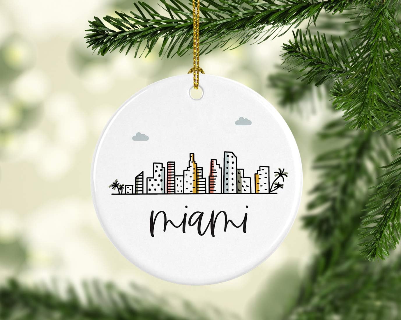 Andaz Press Round Ceramic Porcelain Christmas Tree Keepsake Gift, Colorful City Skyline Miami Ornament, 1-Pack, Birthday Ideas Family Coworker, Includes Box