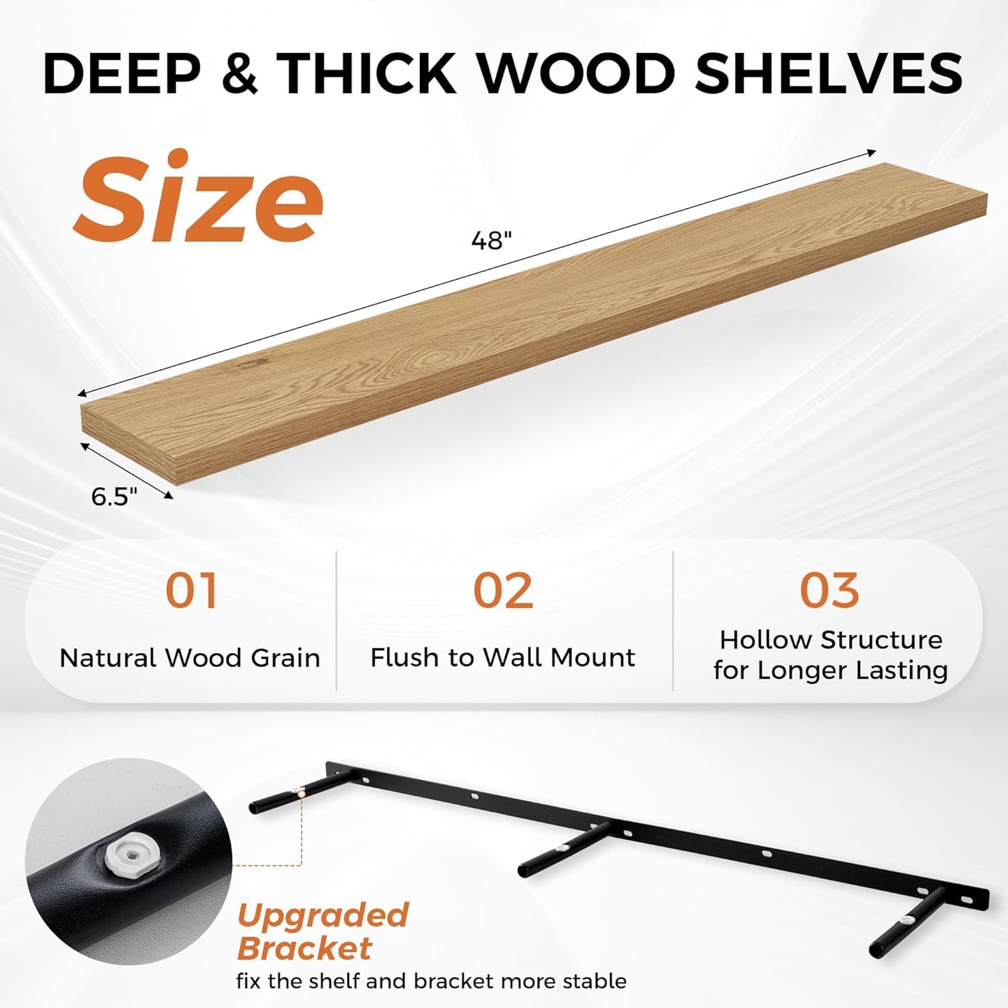 Fun Memories 48 Inch Floating Shelves for Wall, Set of 2 – Rustic Wood Wall-Mounted Shelves with Invisible Brackets for Bedroom, Bathroom, Kitchen – Storage, Books, or Decor, Oak