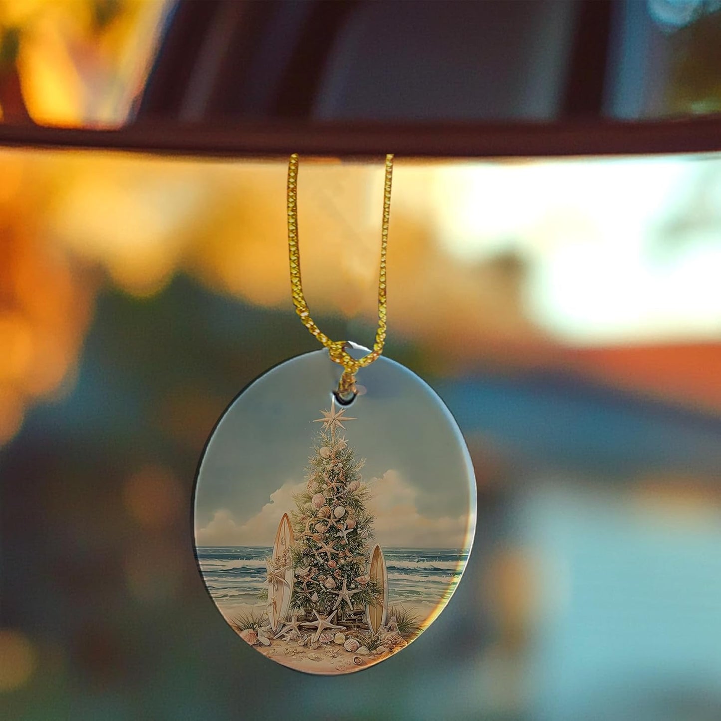 Coastal Beach Christmas Ceramic Ornament Gifts, Ocean Beachy Seashell Christmas Decorative Hanging Ornaments for Xmas Tree Holiday Party Decoration, Coastal Beach Xmas Tree Decorations