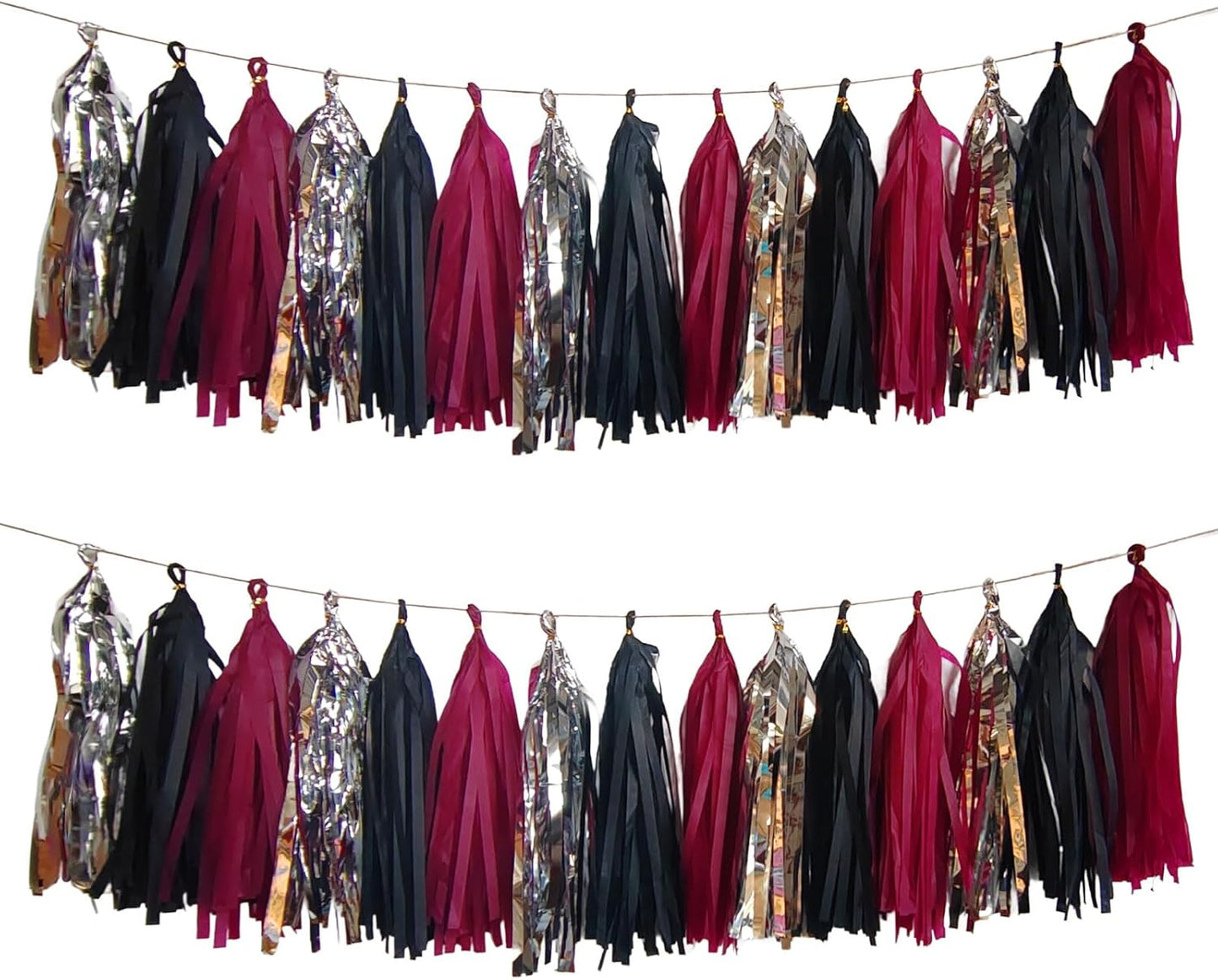 Tassel Garland Tissue Paper Tassel Banner,Tassels Party Decorations for Wedding,Birthday,Bridal/Baby Shower,Pack of 15 (Burgundy/Black/Silver)
