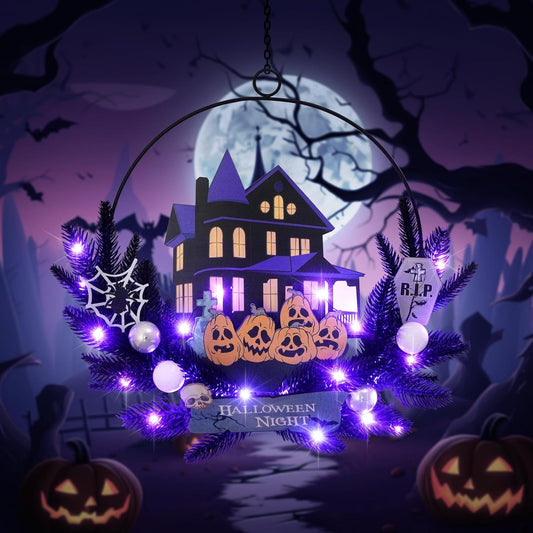 Lighted Halloween Wreaths for Front Door, Welcome Metal Wooden Door Wreath Decor Hanging Sign, 30 LED Lighted Wall Decor Battery Operated for Halloween Indoor Outdoor (Pumpkin)