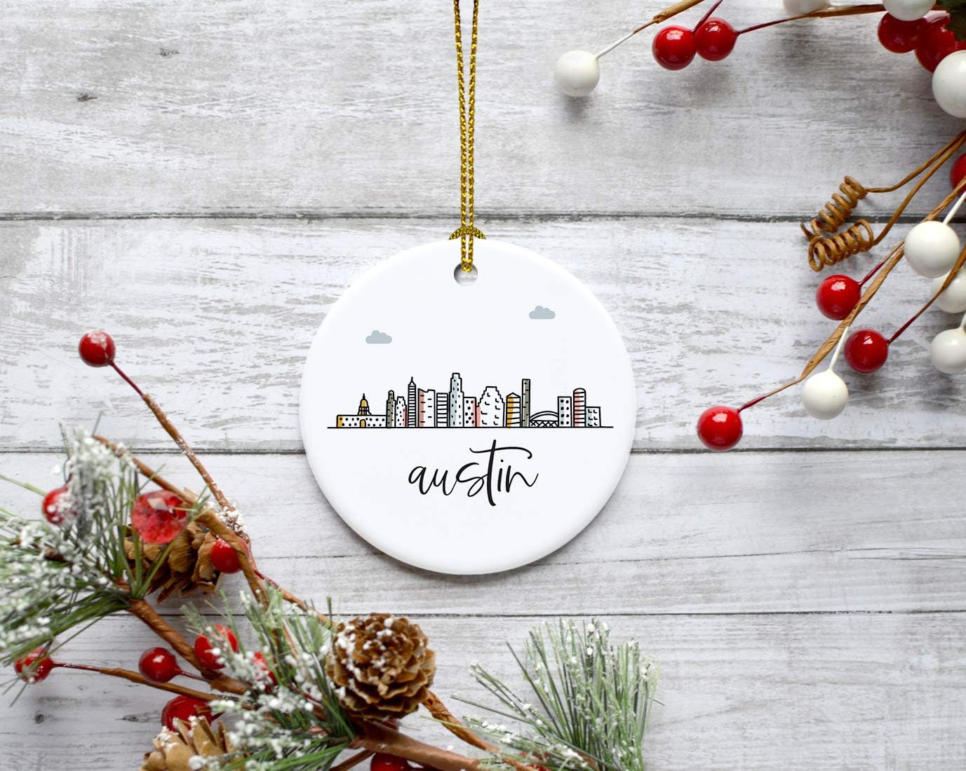 Andaz Press Round Ceramic Porcelain Christmas Tree Ornament Keepsake, Austin Colorful City Skyline Graphic, 1-Pack, Birthday Gift Ideas Family Coworker Him Her, Includes Gift Box