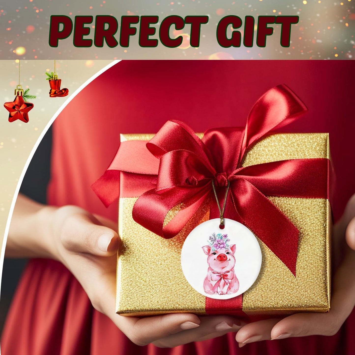 Pink Pig Ornament, Pig Gifts for Pig Lovers Women, Pink Coquette Bow Floral Pig Ceramic Ornaments, Pig Decorative Hanging Ornament