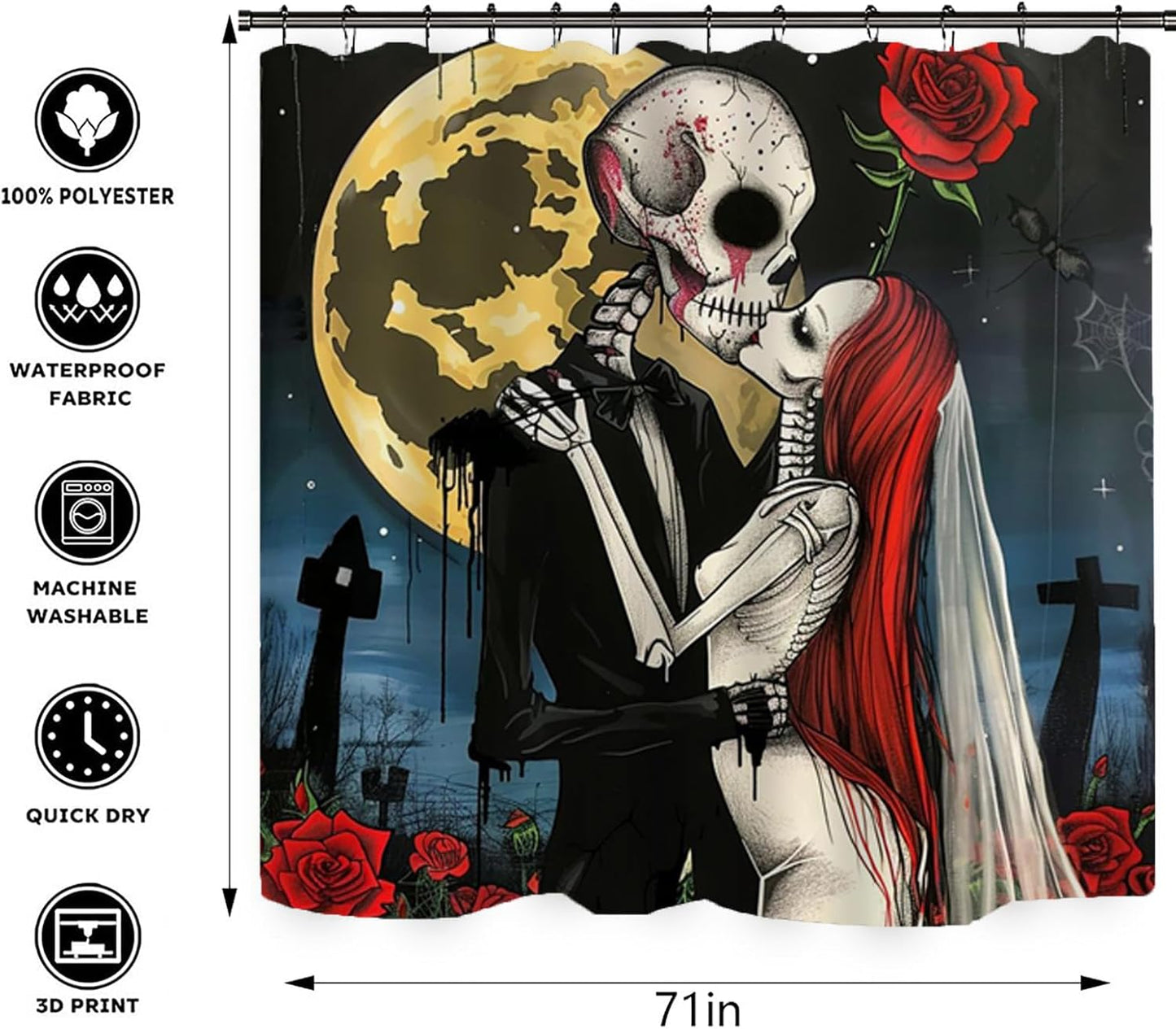 NEWSUYAA Halloween Decorations Shower Curtain Set with Non-Slip Rugs and Bath Mats,Black Skull Skeleton Bathtub Curtains with 12 Hooks,All Saints'Day (Nov 1st) Bathroom Decor