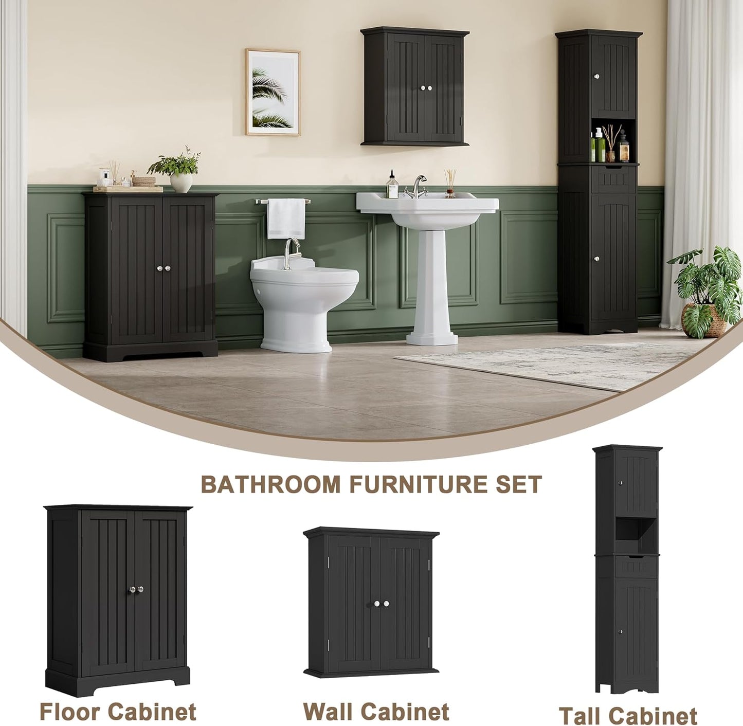 ChooChoo Bathroom Floor Cabinet, Modern Bathroom Storage Cabinet with 2 Doors and Adjustable Shelves, Freestanding Cupboard for Living Room, Black