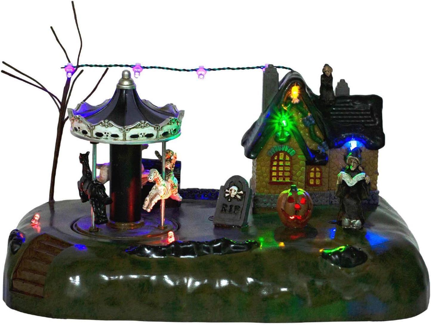 Animated Halloween Carousel Village House, LED Spooky Festival Display Collection Battery Operate, Indoor Use only