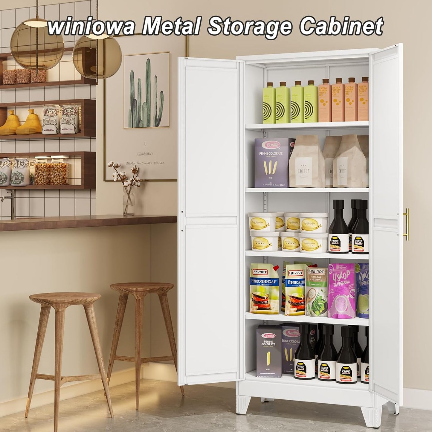 Metal Pantry Cabinet with 2 Doors and Adjustable Shelves - 71" Kitchen Storage Cabinet with Gold Handles - Versatile Storage for Kitchen, Bathroom, Dining Room, Utility Room - White