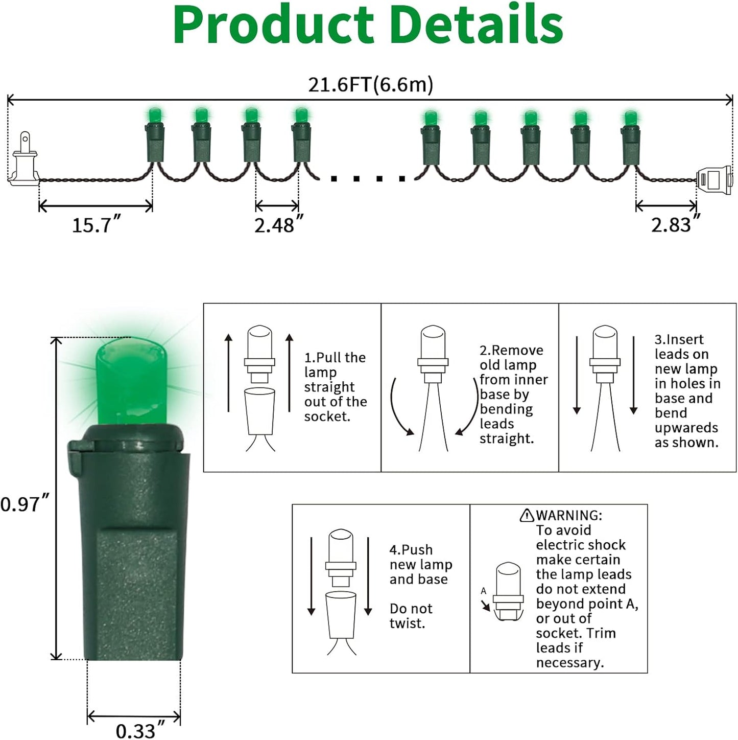 100 Count Green- String Lights - 21.6FT LED Christmas Lights, Mini led Lights for Indoor Outdoor Home Holiday Party Wedding Independence Day Decoration
