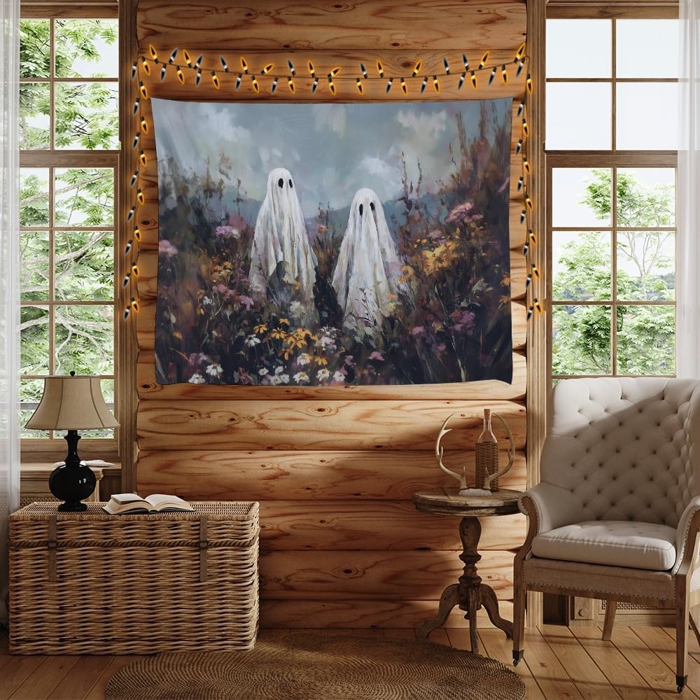 Halloween Ghosts in Wildflowers Tapestry Wall Hanging Spooky Cute Ghost Floral Tapestries Victoria Moody Artwork Aesthetic Print for Goth Living Room Bedroom wall Decor 60x80inch
