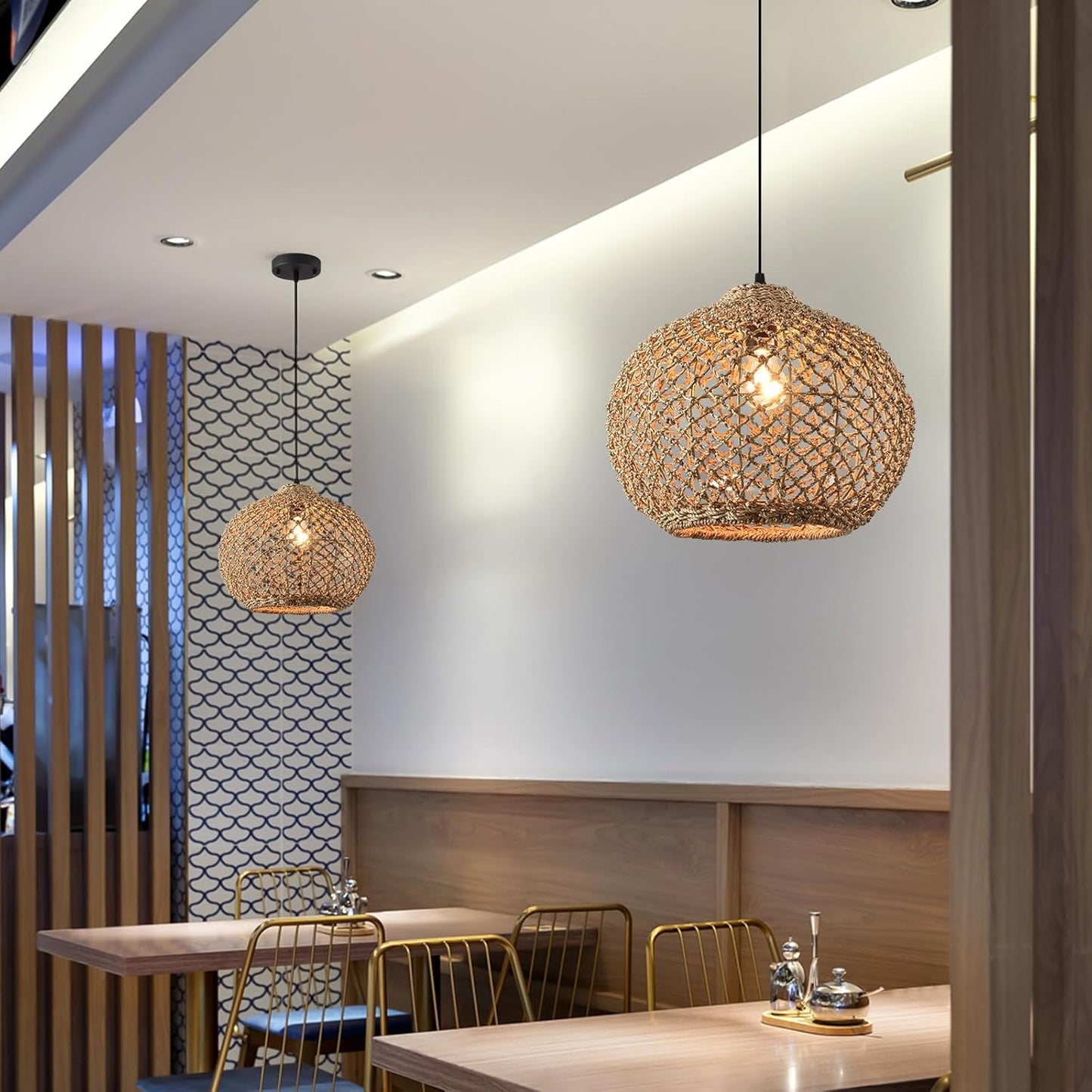 1-Pack 13.79” Rattan Pendant Light Fixture,1-Light Bohemian Handmade Woven Bamboo Wicker Suspension Farmhouse Chandelier for Kitchen Island Bedroom Living Room