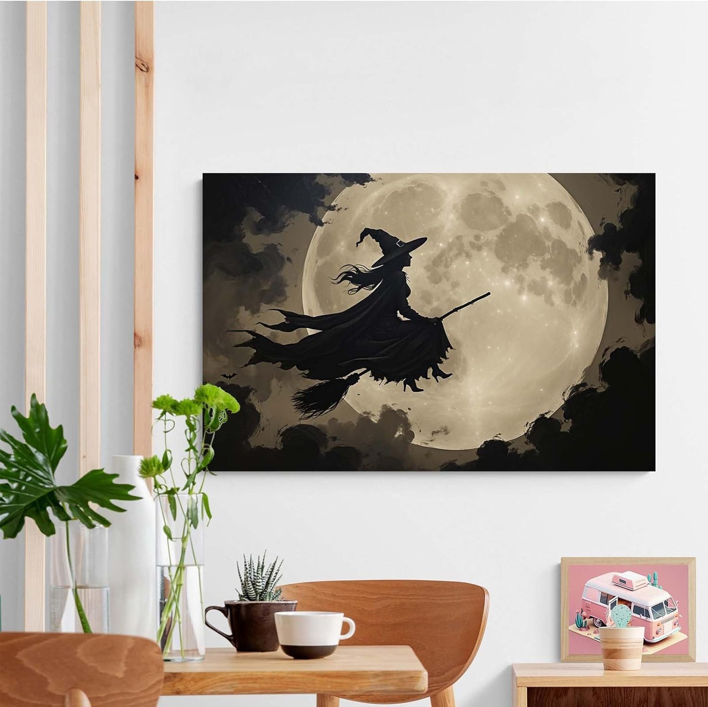 Full moon witch silhouette poster witch on magic broom Halloween mural poster decorative mural art suitable for home living room bedroom12x16in Wood Framed