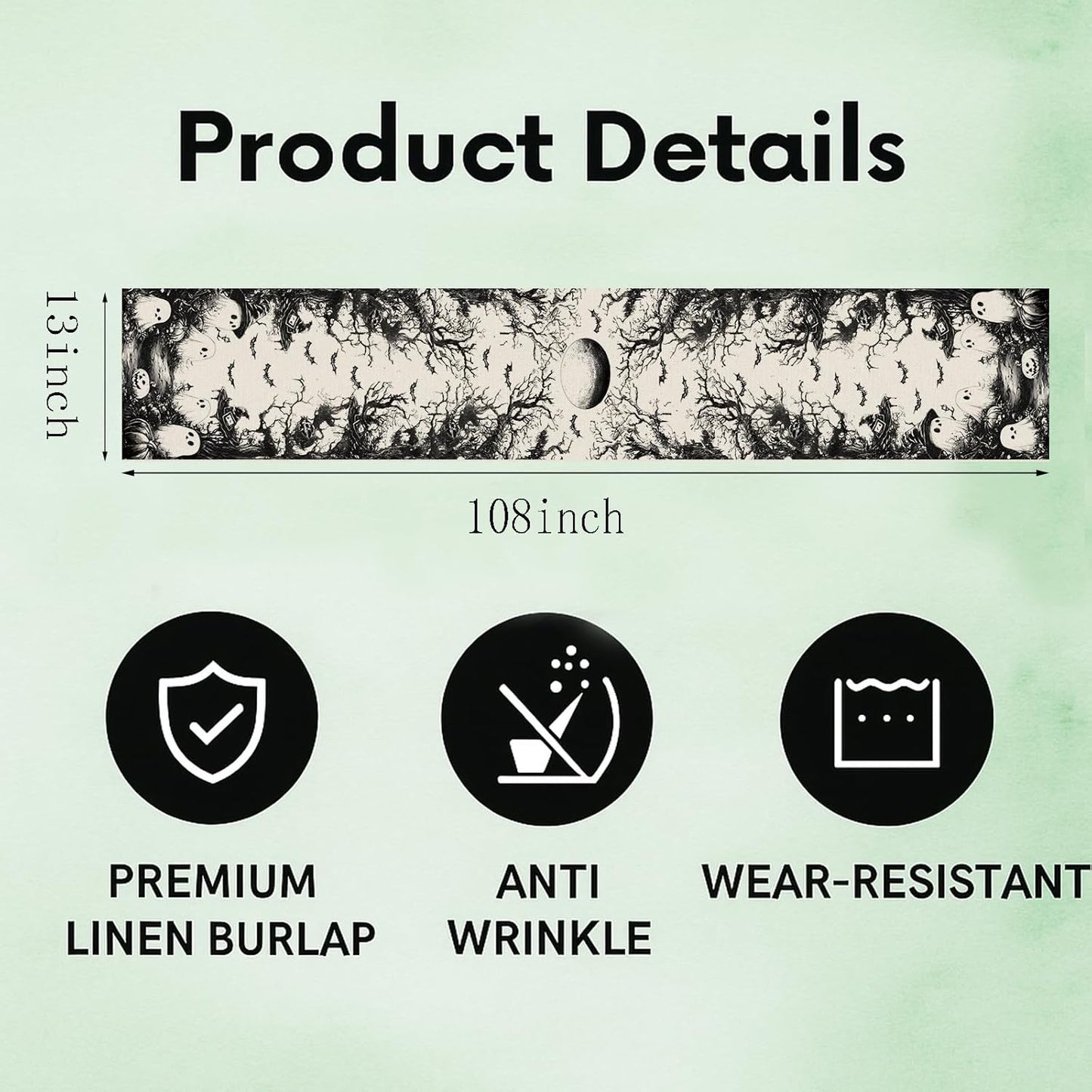 GPGHE Halloween Table Runner Black Ghost Holiday Burlap Table Decoration Indoor Outdoor Home Decor Party Supply 13 x 108 Inch