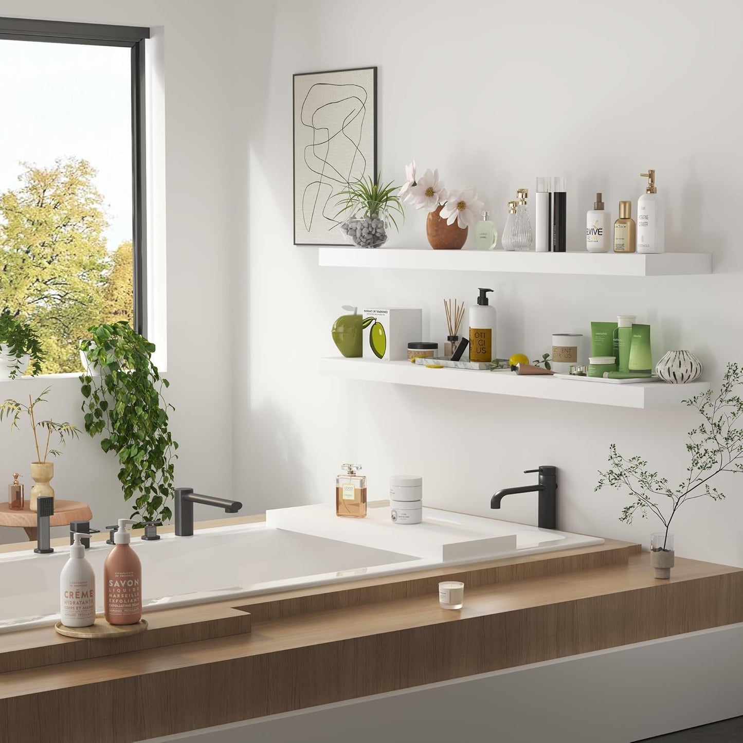 White Floating Wood Shelves for Wall 48 Inch, 8 in Deep Pine Shelf Floating Home Decor, Heavy Duty Shelf Hold 100 lbs, Wall Shelves for Bathroom Living Room Kitchen Bedroom Office Book, Set of 2