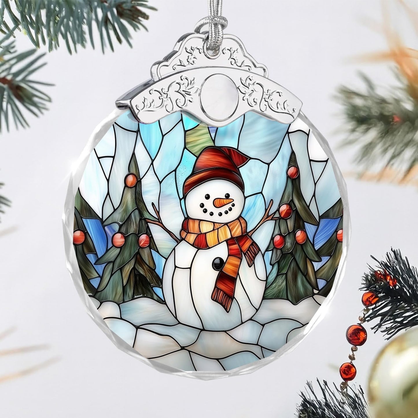 Stained Glass Ornament - Snowman Christmas Ornaments - Xmas Decor - Ornaments for Christmas Tree - Holiday Presents - Gift Exchange Ideas - Car Hanging Decoration - Wine Bottle Decor