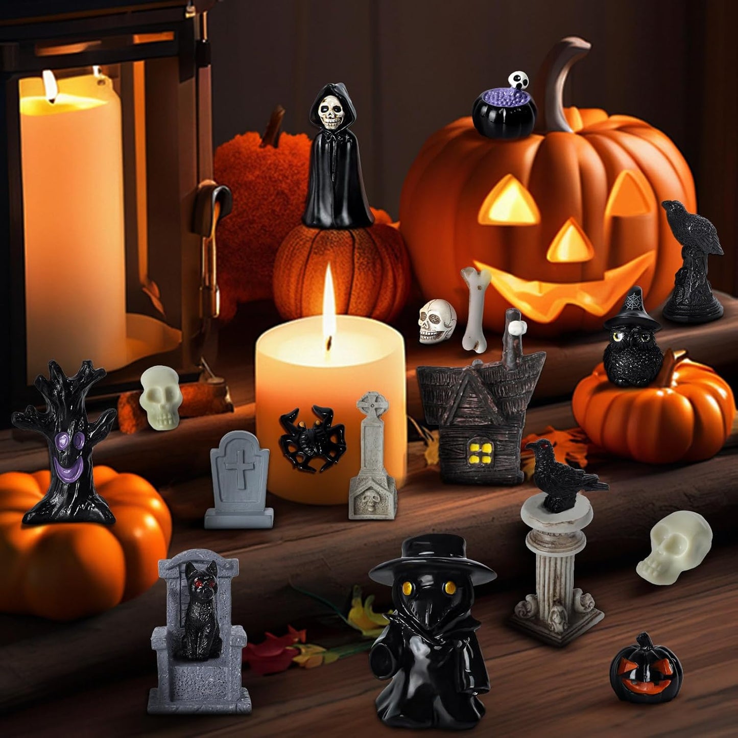 40Pcs Halloween Miniatures for Crafts Mini Figurines Skull Heads Resin Tombstones Skeleton Ornaments Halloween Fairy Garden Decor Horror Village Collections Dollhouse Accessories Decor ﻿