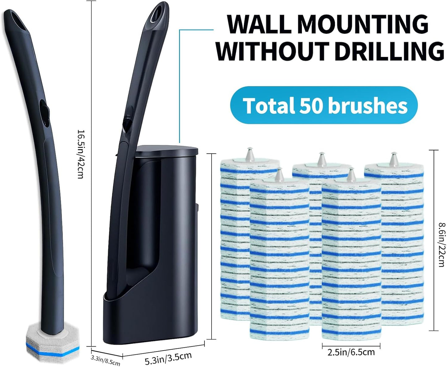 Disposable Toilet Brush with 50 Wand Cleaner Refills Pads，Wall Mounted Toilet Bowl Holder Set，Toilet Cleaning System Starter Kit，Bathroom Cleaning System for Sink Bathtub Wash Basin