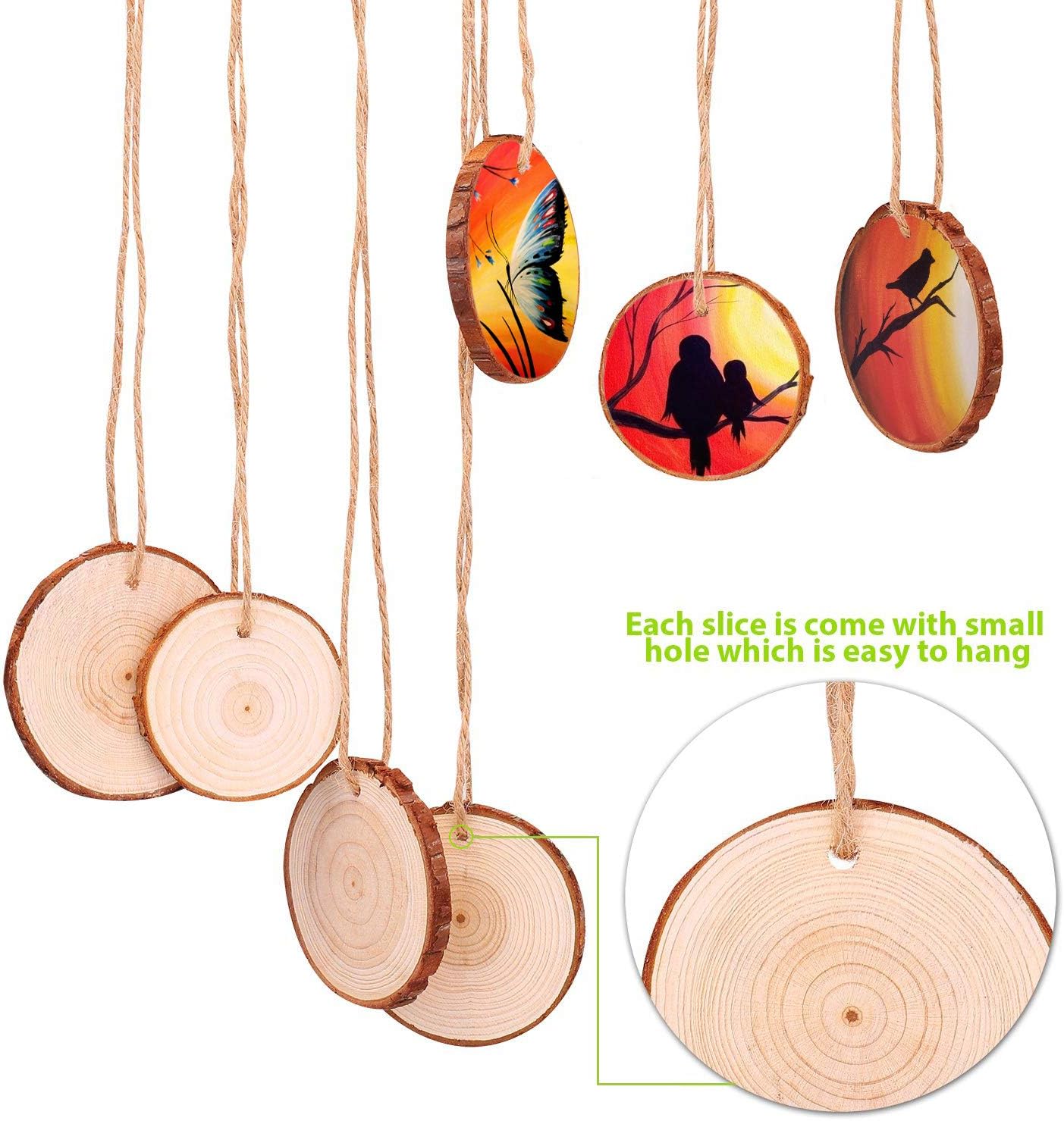 Fuyit Wood Slices 30 Pcs 2.0-2.4 Inches Craft Wood kit Unfinished Predrilled Tree Slices with Hole, Wooden Circles for Arts and Crafts Christmas Ornaments DIY Crafts