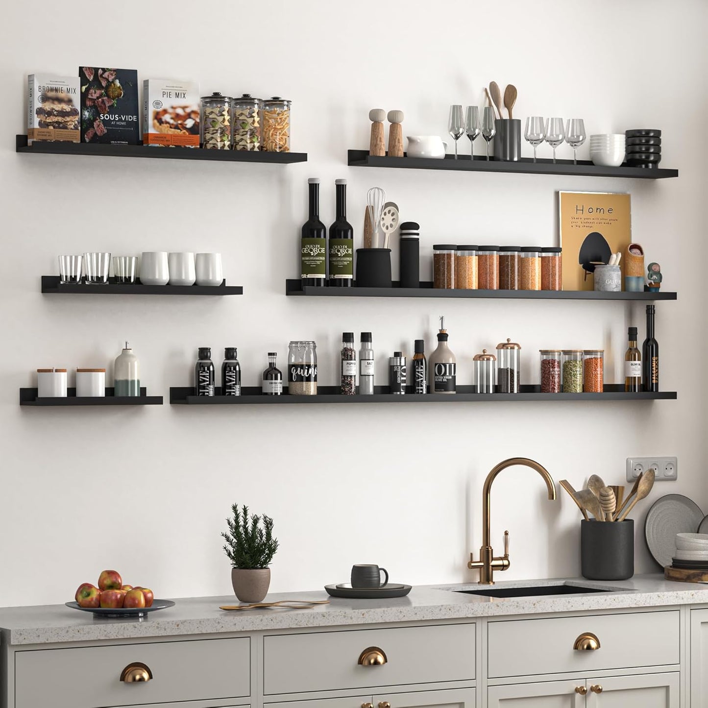 Heimlove Picture Ledge Shelf, Floating Shelves Set of 2, 56 Inches Picture Shelf for Wall with Ledge, Kids Bookshelf Wall Mounted for Living Room Bedroom Decor Books Photo Frames, Black