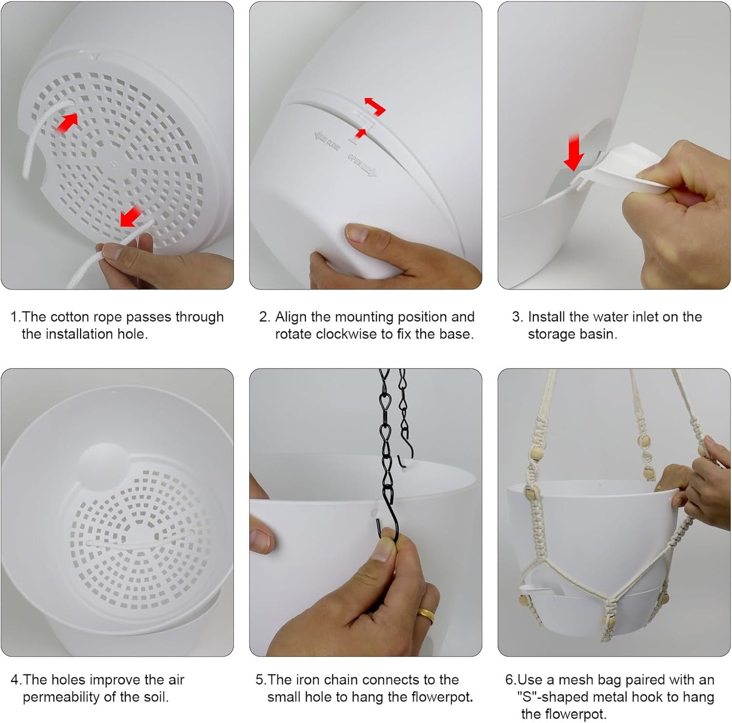 10 inch Self Watering Hanging Planters, 2 Pack Hanging Flower Pots for Indoor Outdoor Plants, Hanging Baskets with Drainage Holes & 2 Kinds of Plant Hangers for Garden Home Decor, White