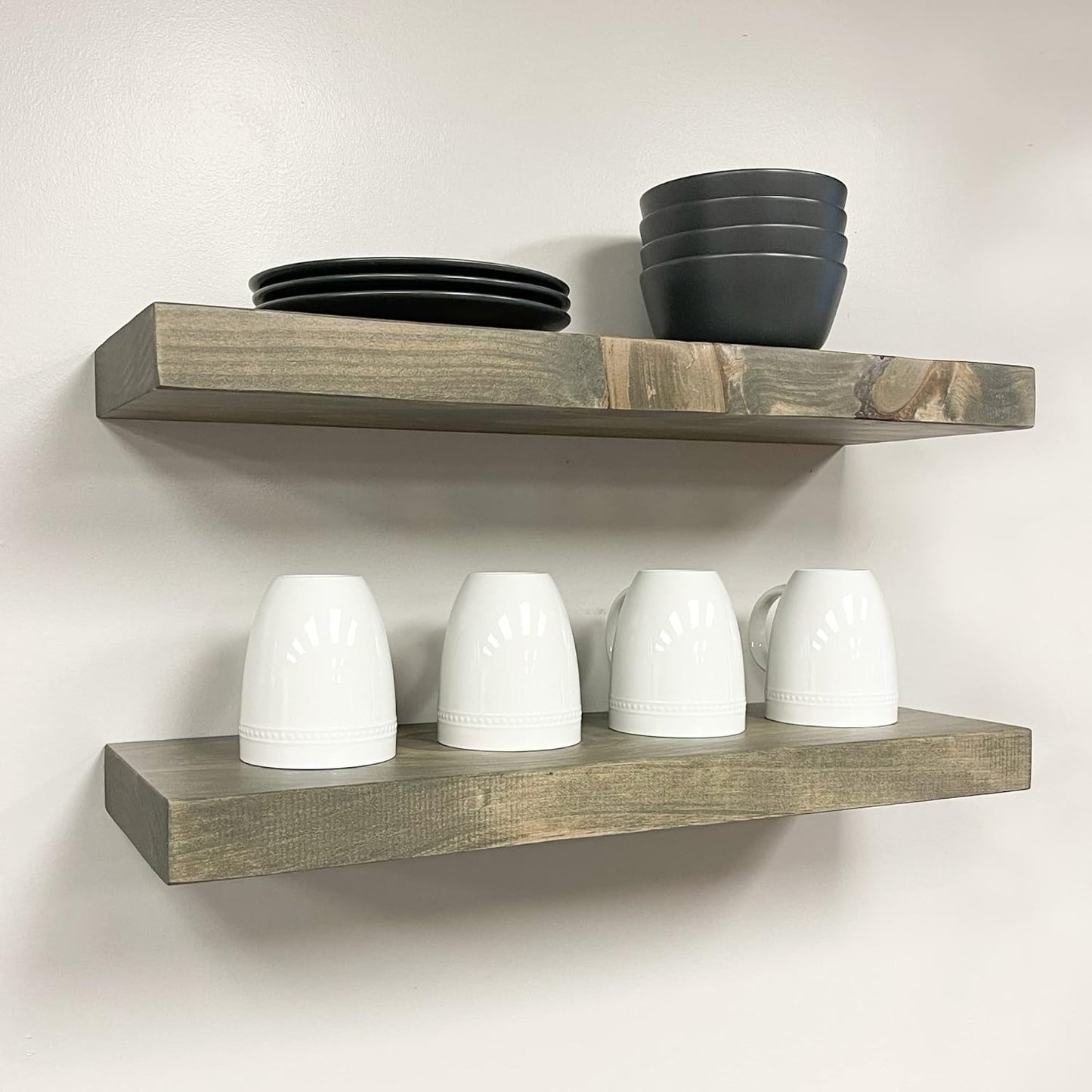 URBANDI, Rustic Floating Shelves, Set of 2, Hidden Bracket, Solid Wood, Heavy Duty, Wall Mounted Shelves, (Grey, 48Wx10D)