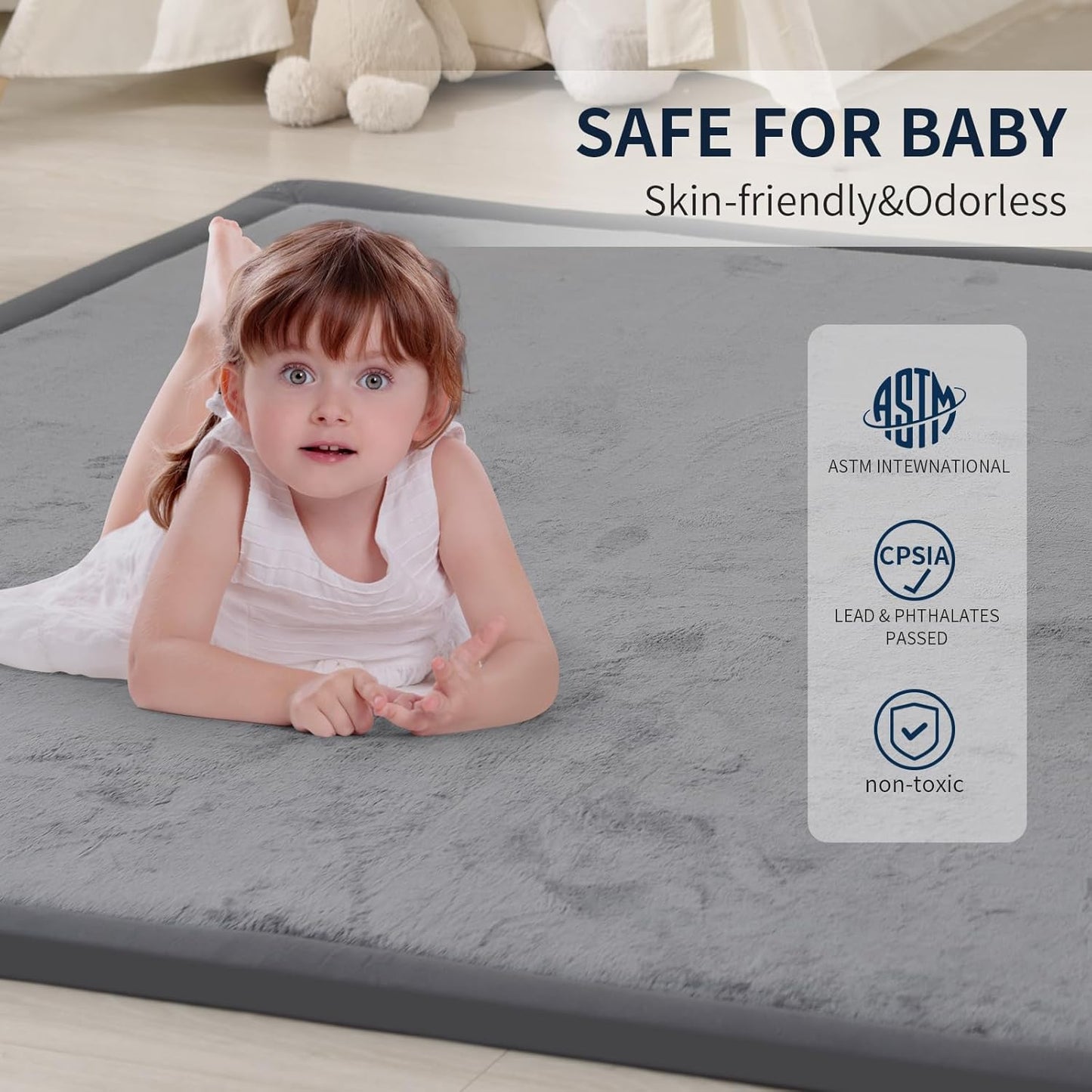 ACOMOPACK Baby Play Mat for Floor 1.3" Thick Memory Foam Play Mat 59"×71" Tummy Time Crawling with Non-Slip Bottom for Living Room,Nursery,Soft Velvet Playpen Mats for Kids,Infants（Dark Grey）
