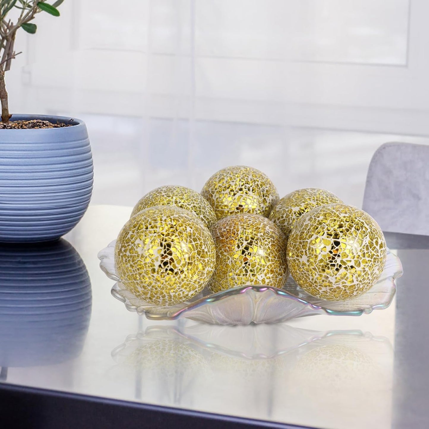 6Pcs Decorative Ball for Bowls, 8cm/3.15inch Mosaic Glass Centerpiece Decoration Balls Mirror Glass Ball Fillers for Home Decor Dining Tables Wedding Party (Golden)